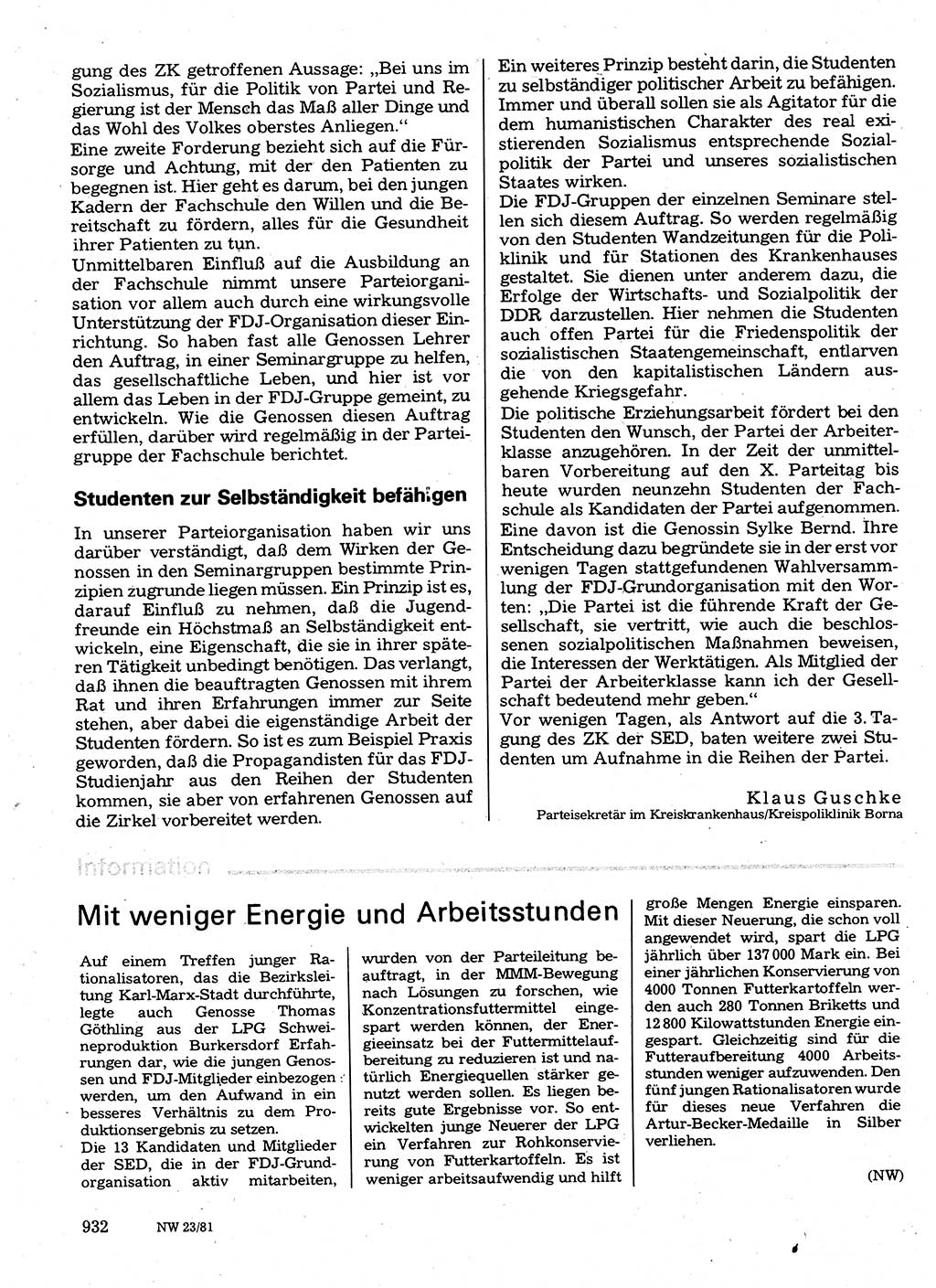 Neuer Weg (NW), Organ des Zentralkomitees (ZK) der SED (Sozialistische Einheitspartei Deutschlands) für Fragen des Parteilebens, 36. Jahrgang [Deutsche Demokratische Republik (DDR)] 1981, Seite 932 (NW ZK SED DDR 1981, S. 932)