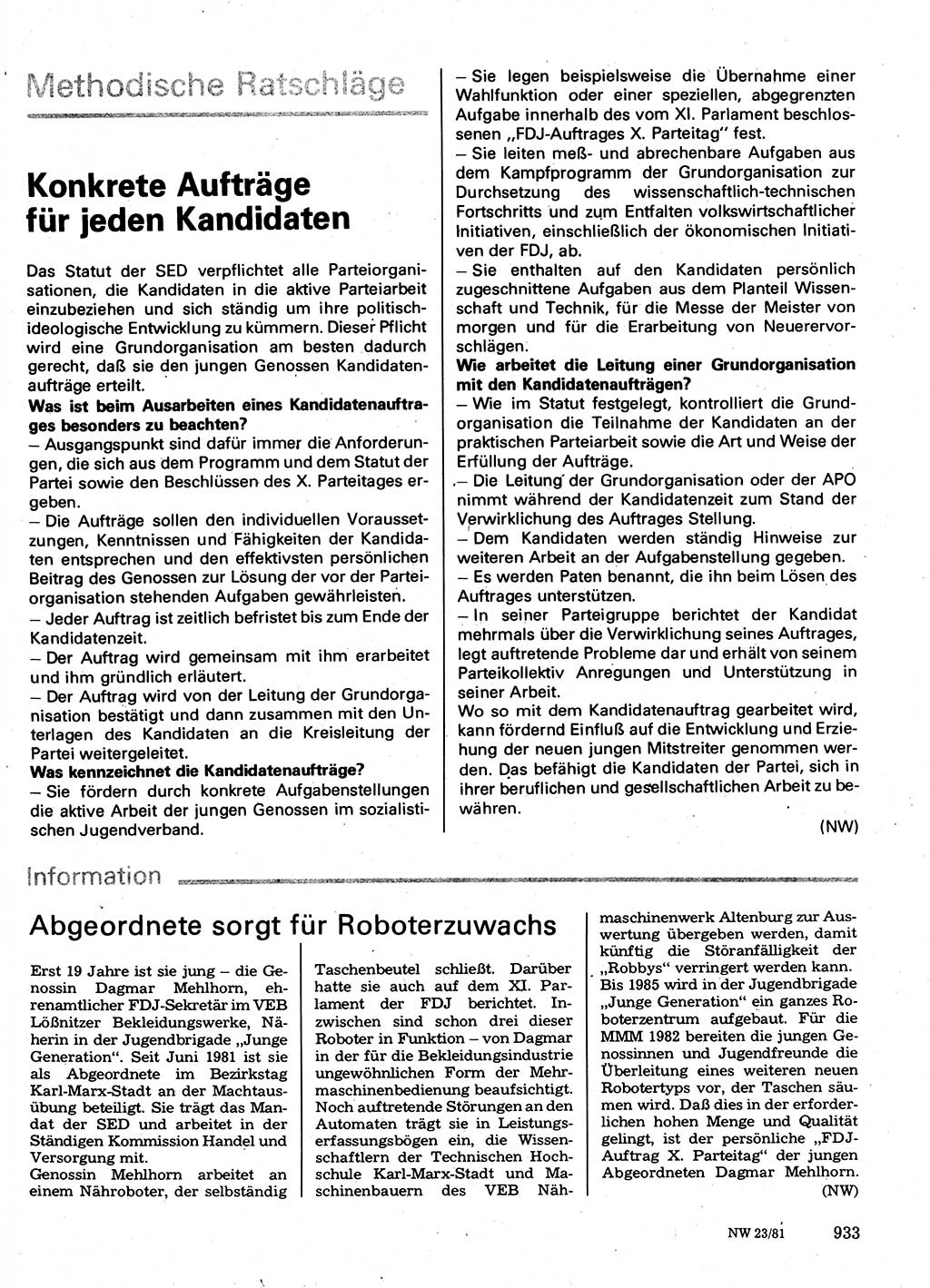 Neuer Weg (NW), Organ des Zentralkomitees (ZK) der SED (Sozialistische Einheitspartei Deutschlands) für Fragen des Parteilebens, 36. Jahrgang [Deutsche Demokratische Republik (DDR)] 1981, Seite 933 (NW ZK SED DDR 1981, S. 933)