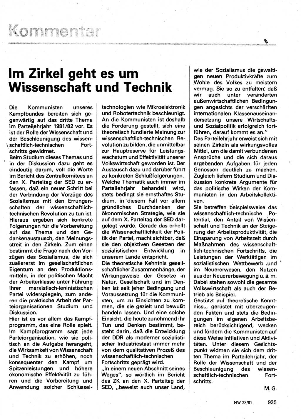 Neuer Weg (NW), Organ des Zentralkomitees (ZK) der SED (Sozialistische Einheitspartei Deutschlands) für Fragen des Parteilebens, 36. Jahrgang [Deutsche Demokratische Republik (DDR)] 1981, Seite 935 (NW ZK SED DDR 1981, S. 935)