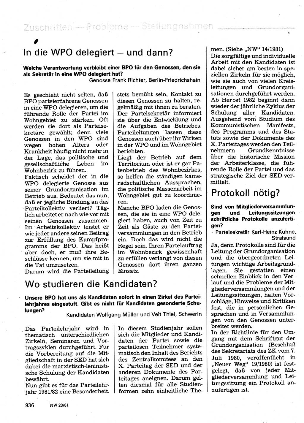 Neuer Weg (NW), Organ des Zentralkomitees (ZK) der SED (Sozialistische Einheitspartei Deutschlands) für Fragen des Parteilebens, 36. Jahrgang [Deutsche Demokratische Republik (DDR)] 1981, Seite 936 (NW ZK SED DDR 1981, S. 936)