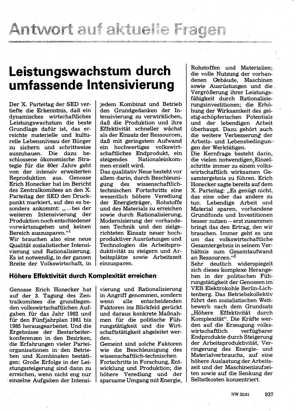 Neuer Weg (NW), Organ des Zentralkomitees (ZK) der SED (Sozialistische Einheitspartei Deutschlands) für Fragen des Parteilebens, 36. Jahrgang [Deutsche Demokratische Republik (DDR)] 1981, Seite 937 (NW ZK SED DDR 1981, S. 937)