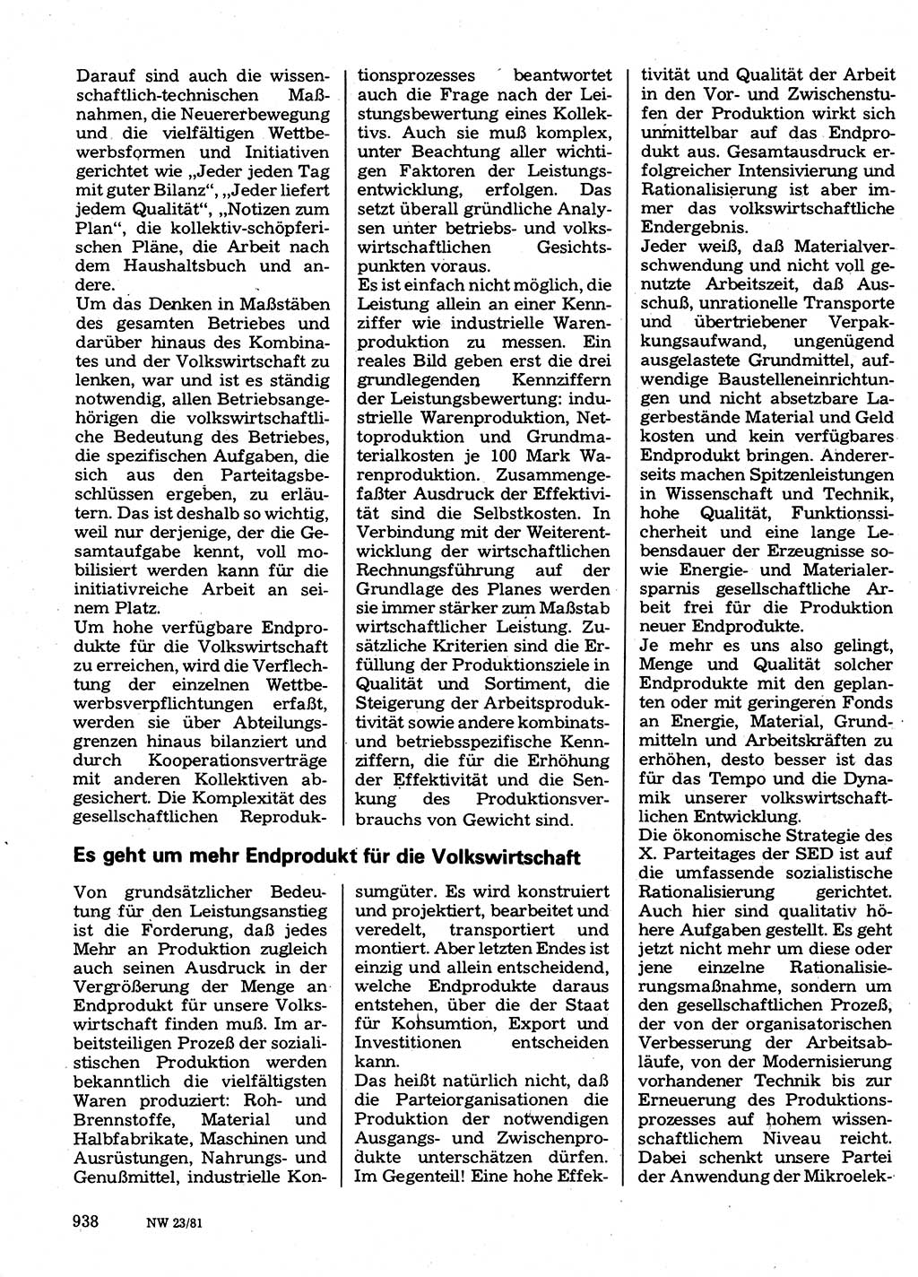 Neuer Weg (NW), Organ des Zentralkomitees (ZK) der SED (Sozialistische Einheitspartei Deutschlands) für Fragen des Parteilebens, 36. Jahrgang [Deutsche Demokratische Republik (DDR)] 1981, Seite 938 (NW ZK SED DDR 1981, S. 938)