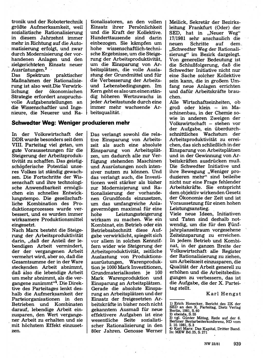 Neuer Weg (NW), Organ des Zentralkomitees (ZK) der SED (Sozialistische Einheitspartei Deutschlands) für Fragen des Parteilebens, 36. Jahrgang [Deutsche Demokratische Republik (DDR)] 1981, Seite 939 (NW ZK SED DDR 1981, S. 939)