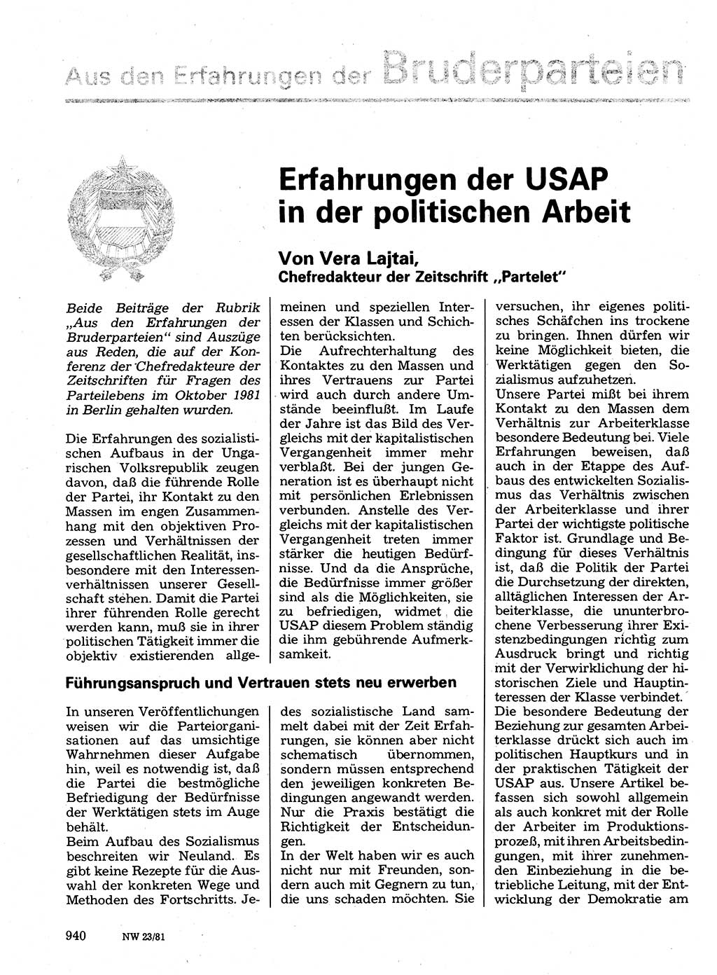 Neuer Weg (NW), Organ des Zentralkomitees (ZK) der SED (Sozialistische Einheitspartei Deutschlands) für Fragen des Parteilebens, 36. Jahrgang [Deutsche Demokratische Republik (DDR)] 1981, Seite 940 (NW ZK SED DDR 1981, S. 940)