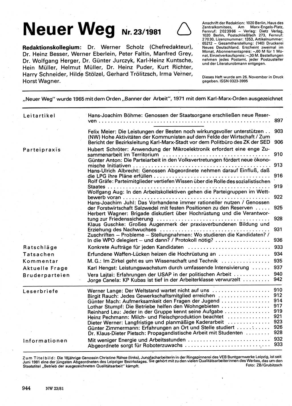 Neuer Weg (NW), Organ des Zentralkomitees (ZK) der SED (Sozialistische Einheitspartei Deutschlands) für Fragen des Parteilebens, 36. Jahrgang [Deutsche Demokratische Republik (DDR)] 1981, Seite 944 (NW ZK SED DDR 1981, S. 944)