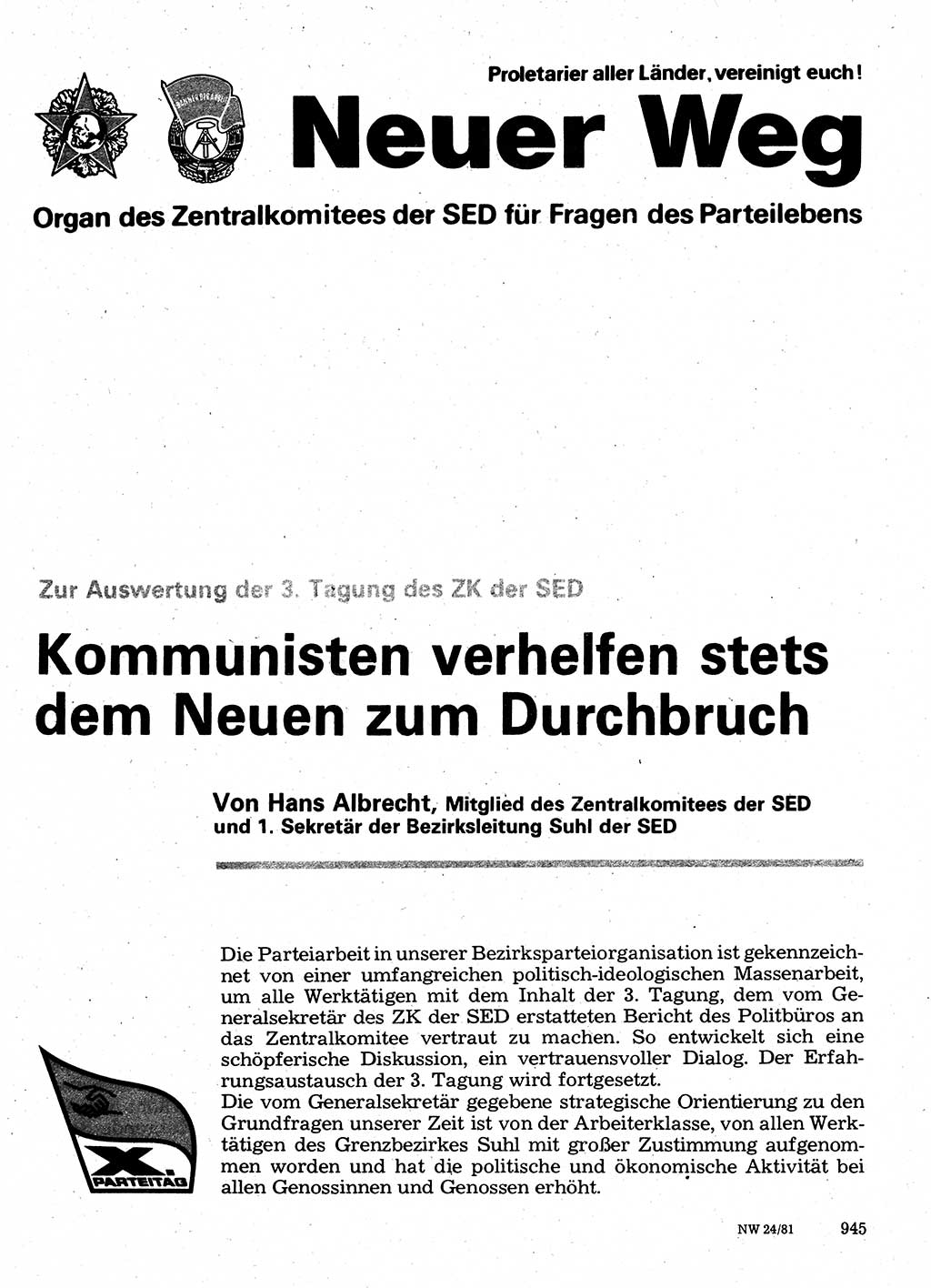 Neuer Weg (NW), Organ des Zentralkomitees (ZK) der SED (Sozialistische Einheitspartei Deutschlands) für Fragen des Parteilebens, 36. Jahrgang [Deutsche Demokratische Republik (DDR)] 1981, Seite 945 (NW ZK SED DDR 1981, S. 945)