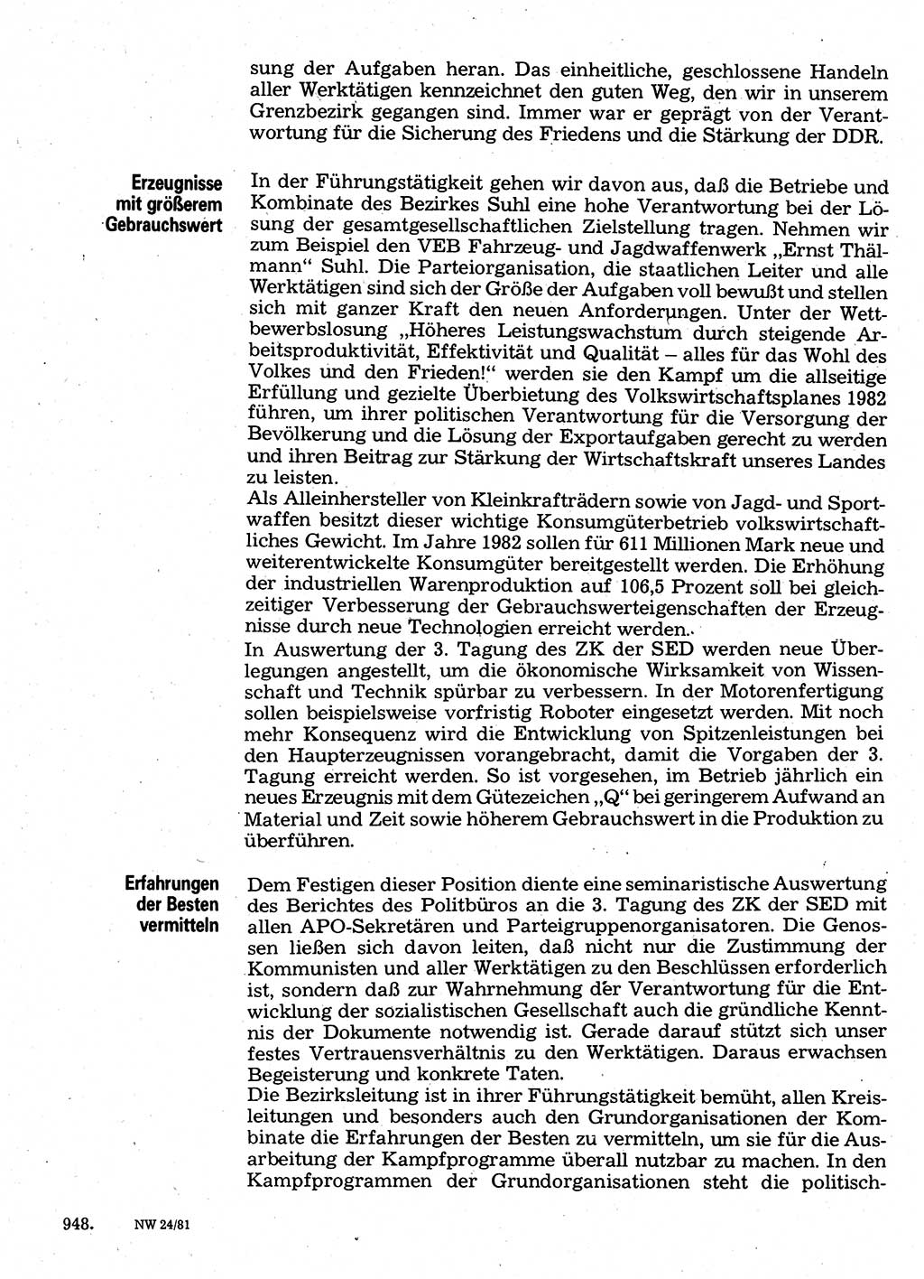 Neuer Weg (NW), Organ des Zentralkomitees (ZK) der SED (Sozialistische Einheitspartei Deutschlands) für Fragen des Parteilebens, 36. Jahrgang [Deutsche Demokratische Republik (DDR)] 1981, Seite 948 (NW ZK SED DDR 1981, S. 948)