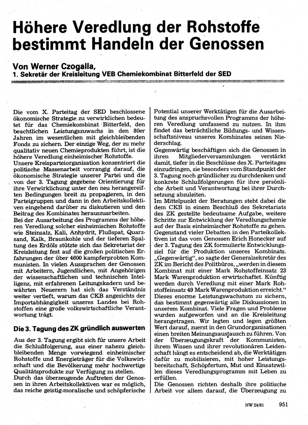 Neuer Weg (NW), Organ des Zentralkomitees (ZK) der SED (Sozialistische Einheitspartei Deutschlands) für Fragen des Parteilebens, 36. Jahrgang [Deutsche Demokratische Republik (DDR)] 1981, Seite 951 (NW ZK SED DDR 1981, S. 951)