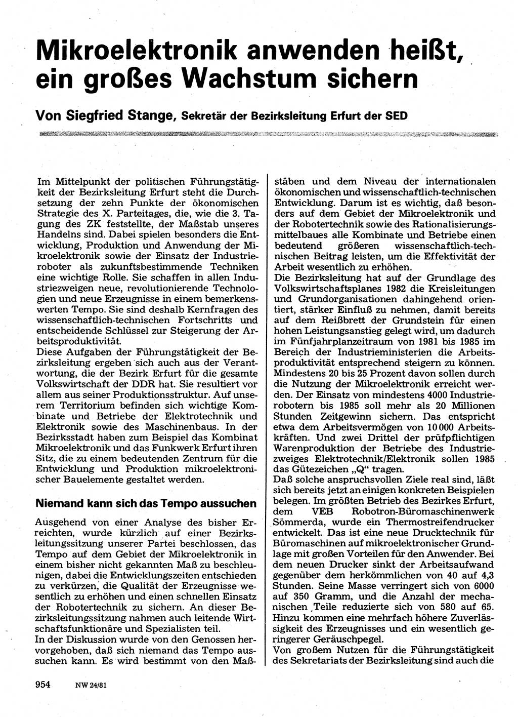 Neuer Weg (NW), Organ des Zentralkomitees (ZK) der SED (Sozialistische Einheitspartei Deutschlands) für Fragen des Parteilebens, 36. Jahrgang [Deutsche Demokratische Republik (DDR)] 1981, Seite 954 (NW ZK SED DDR 1981, S. 954)