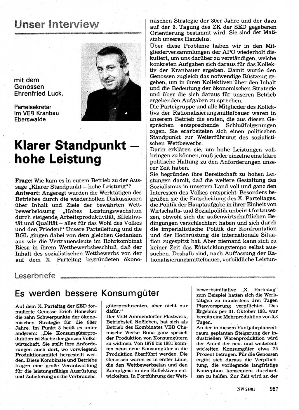 Neuer Weg (NW), Organ des Zentralkomitees (ZK) der SED (Sozialistische Einheitspartei Deutschlands) für Fragen des Parteilebens, 36. Jahrgang [Deutsche Demokratische Republik (DDR)] 1981, Seite 957 (NW ZK SED DDR 1981, S. 957)