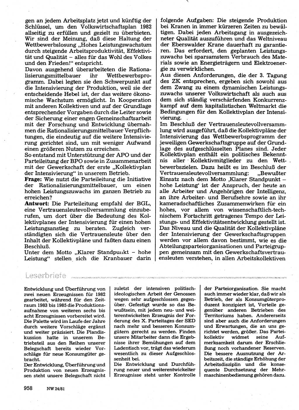 Neuer Weg (NW), Organ des Zentralkomitees (ZK) der SED (Sozialistische Einheitspartei Deutschlands) für Fragen des Parteilebens, 36. Jahrgang [Deutsche Demokratische Republik (DDR)] 1981, Seite 958 (NW ZK SED DDR 1981, S. 958)