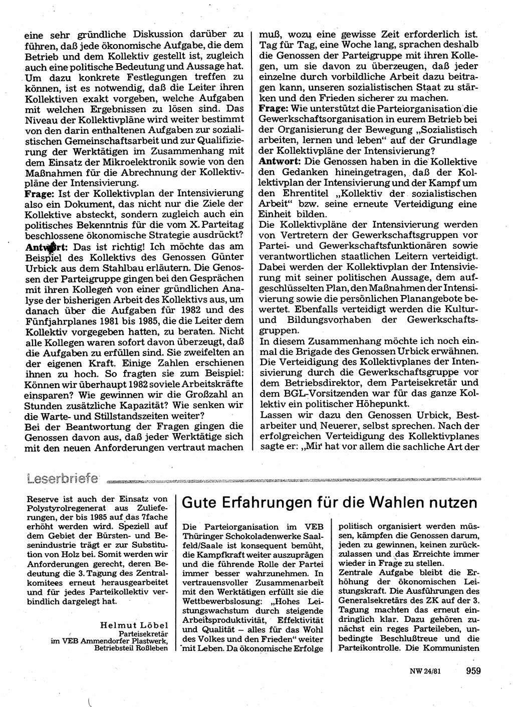 Neuer Weg (NW), Organ des Zentralkomitees (ZK) der SED (Sozialistische Einheitspartei Deutschlands) für Fragen des Parteilebens, 36. Jahrgang [Deutsche Demokratische Republik (DDR)] 1981, Seite 959 (NW ZK SED DDR 1981, S. 959)