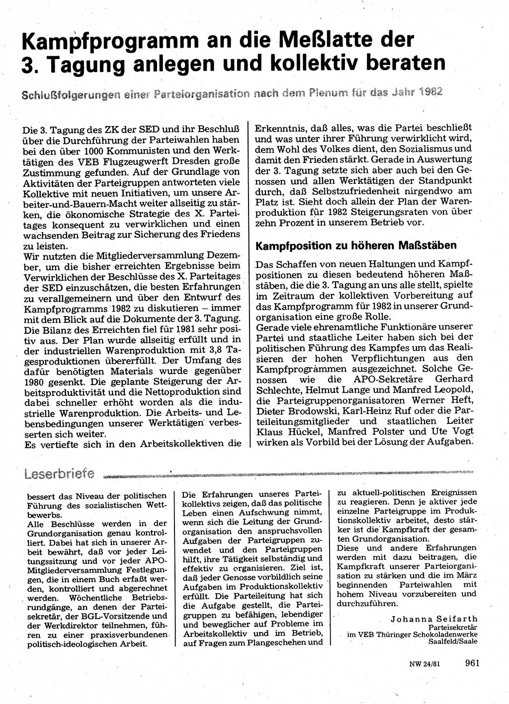 Neuer Weg (NW), Organ des Zentralkomitees (ZK) der SED (Sozialistische Einheitspartei Deutschlands) für Fragen des Parteilebens, 36. Jahrgang [Deutsche Demokratische Republik (DDR)] 1981, Seite 961 (NW ZK SED DDR 1981, S. 961)