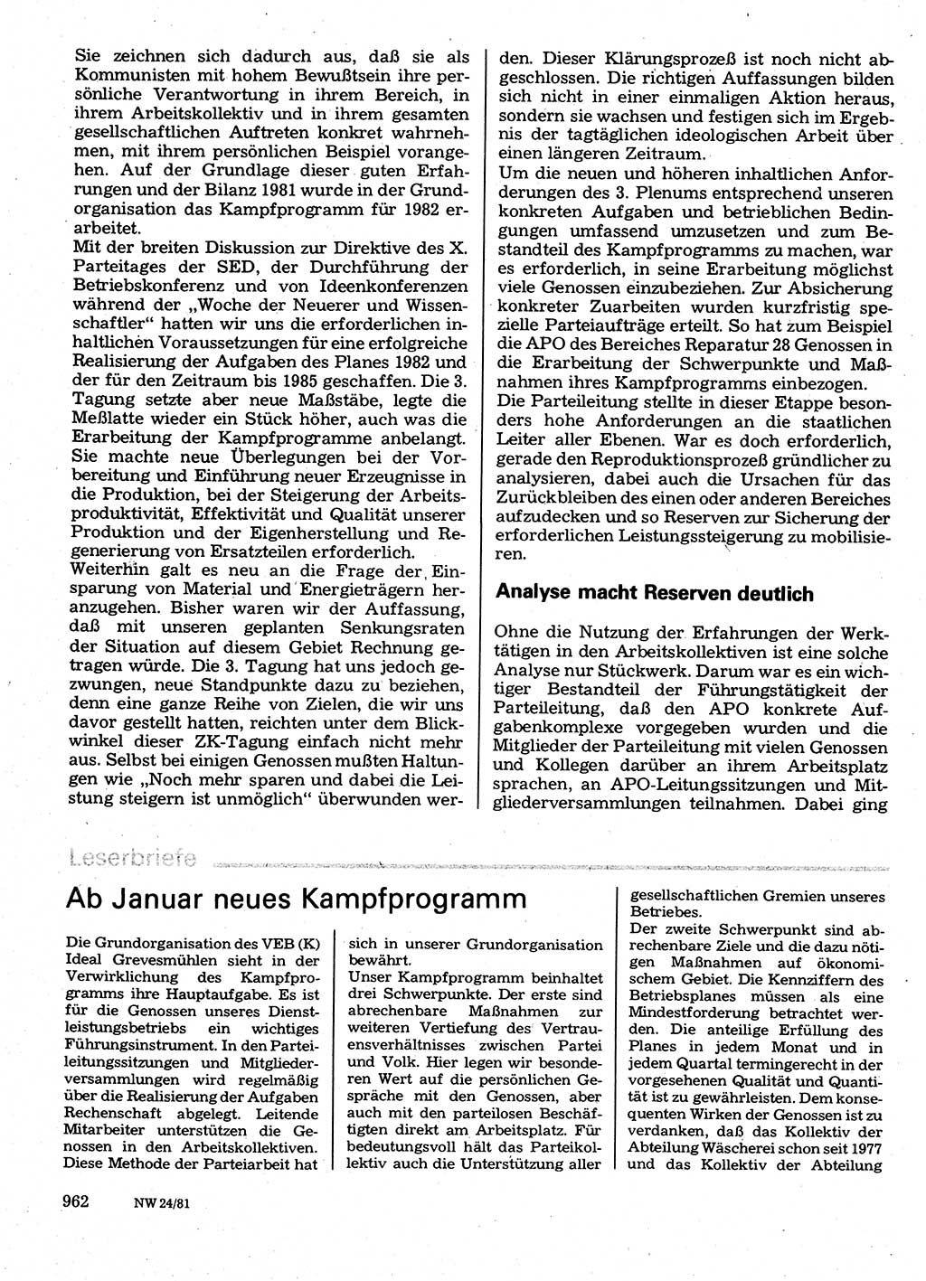 Neuer Weg (NW), Organ des Zentralkomitees (ZK) der SED (Sozialistische Einheitspartei Deutschlands) für Fragen des Parteilebens, 36. Jahrgang [Deutsche Demokratische Republik (DDR)] 1981, Seite 962 (NW ZK SED DDR 1981, S. 962)