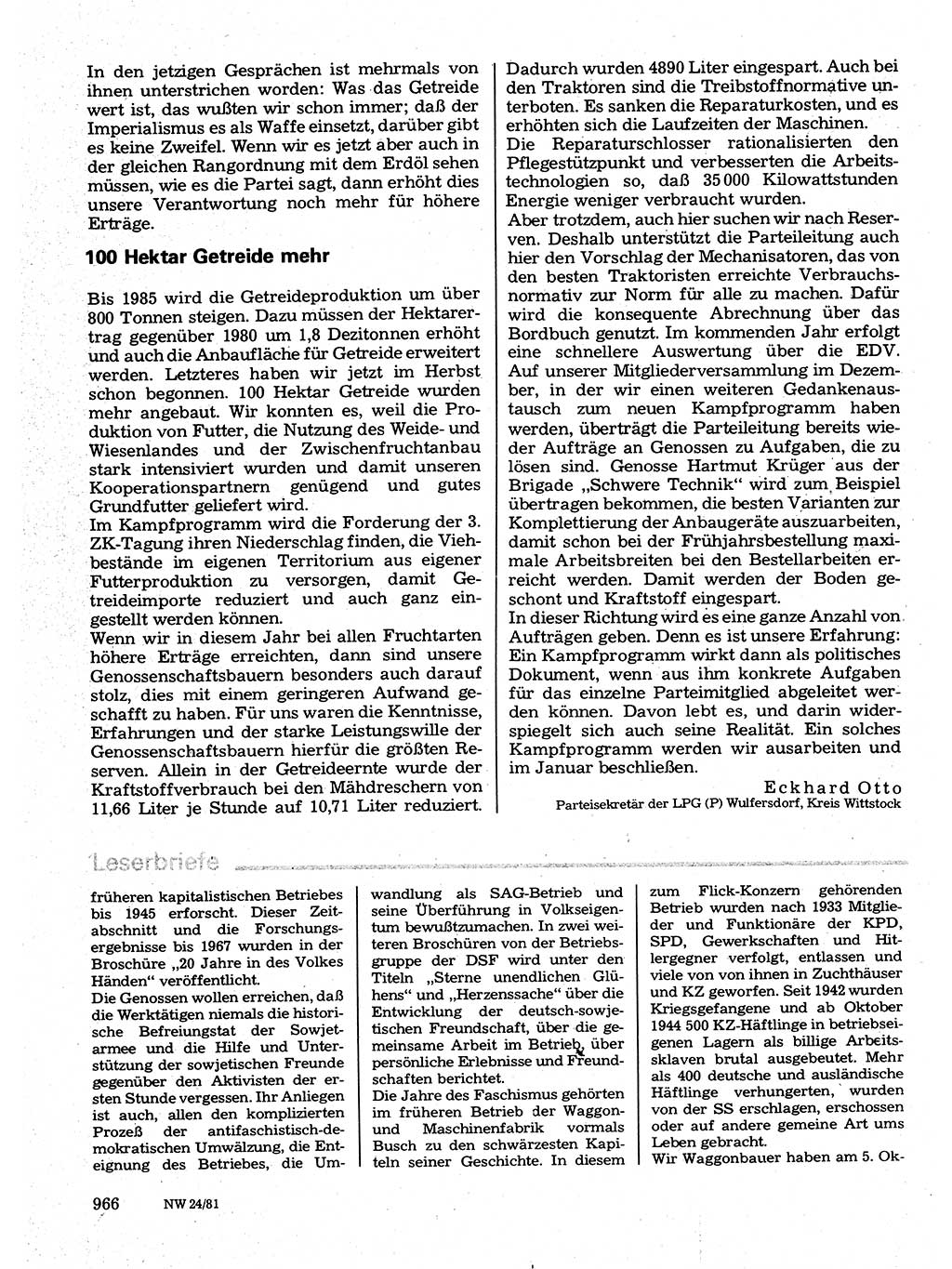 Neuer Weg (NW), Organ des Zentralkomitees (ZK) der SED (Sozialistische Einheitspartei Deutschlands) für Fragen des Parteilebens, 36. Jahrgang [Deutsche Demokratische Republik (DDR)] 1981, Seite 966 (NW ZK SED DDR 1981, S. 966)