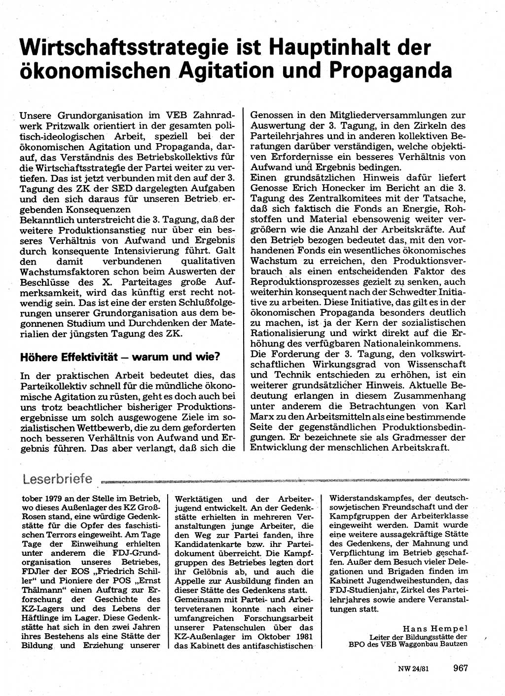 Neuer Weg (NW), Organ des Zentralkomitees (ZK) der SED (Sozialistische Einheitspartei Deutschlands) für Fragen des Parteilebens, 36. Jahrgang [Deutsche Demokratische Republik (DDR)] 1981, Seite 967 (NW ZK SED DDR 1981, S. 967)