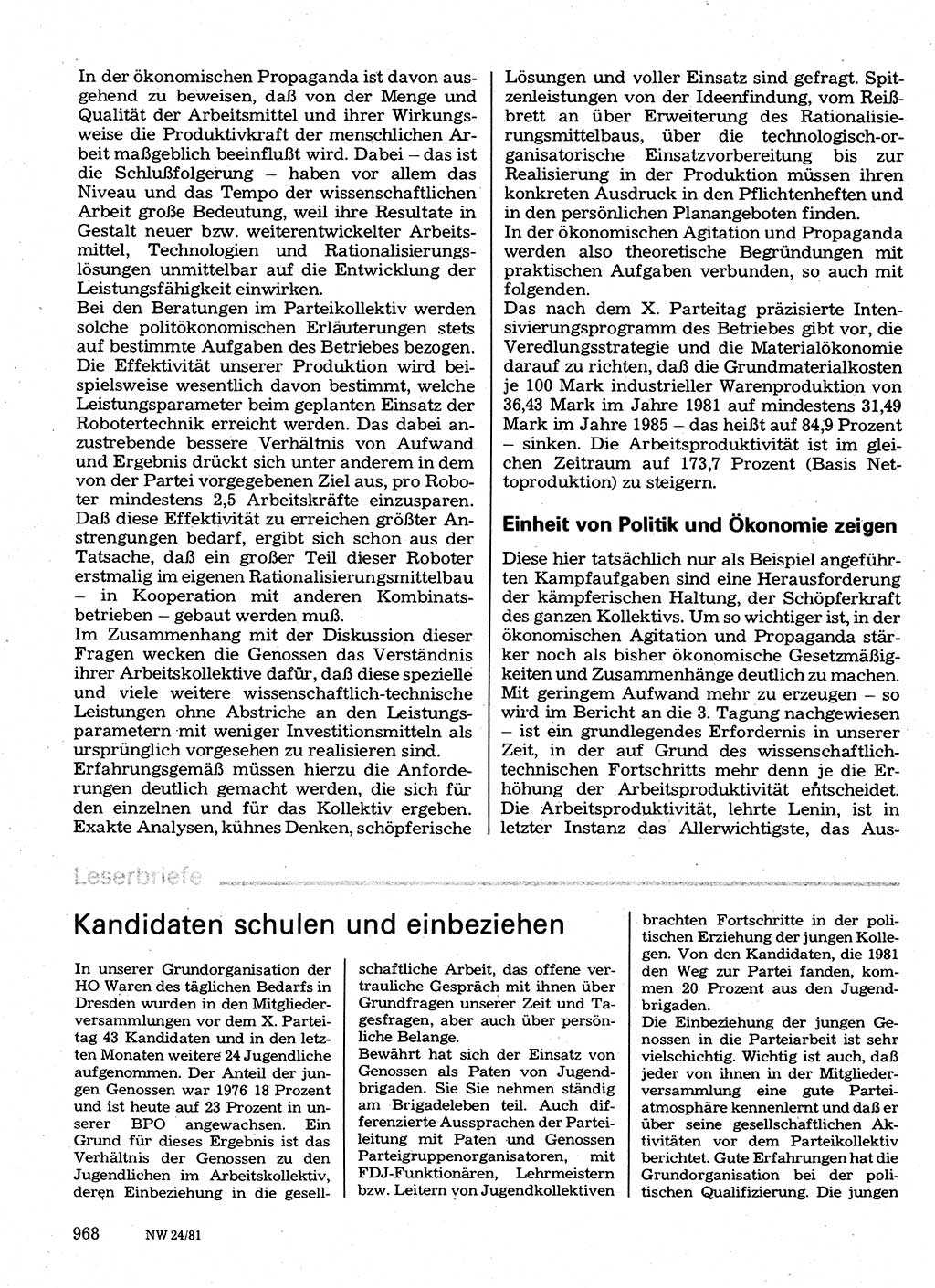 Neuer Weg (NW), Organ des Zentralkomitees (ZK) der SED (Sozialistische Einheitspartei Deutschlands) für Fragen des Parteilebens, 36. Jahrgang [Deutsche Demokratische Republik (DDR)] 1981, Seite 968 (NW ZK SED DDR 1981, S. 968)