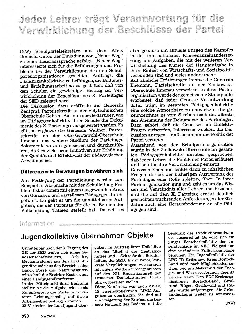 Neuer Weg (NW), Organ des Zentralkomitees (ZK) der SED (Sozialistische Einheitspartei Deutschlands) für Fragen des Parteilebens, 36. Jahrgang [Deutsche Demokratische Republik (DDR)] 1981, Seite 970 (NW ZK SED DDR 1981, S. 970)