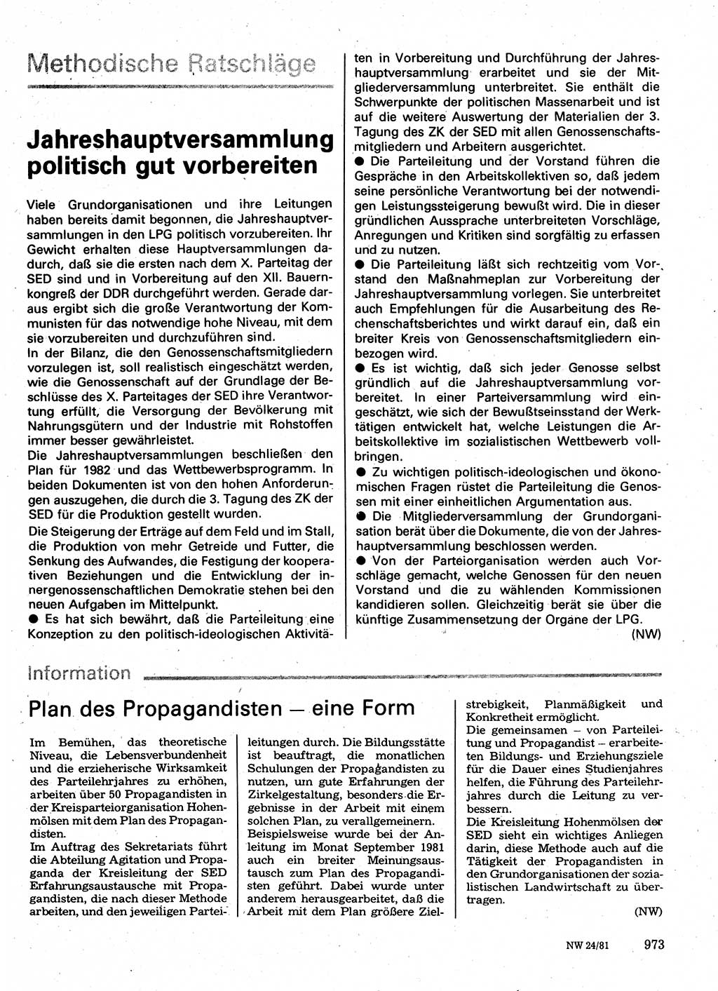 Neuer Weg (NW), Organ des Zentralkomitees (ZK) der SED (Sozialistische Einheitspartei Deutschlands) für Fragen des Parteilebens, 36. Jahrgang [Deutsche Demokratische Republik (DDR)] 1981, Seite 973 (NW ZK SED DDR 1981, S. 973)