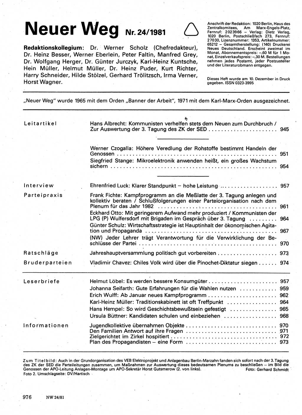 Neuer Weg (NW), Organ des Zentralkomitees (ZK) der SED (Sozialistische Einheitspartei Deutschlands) für Fragen des Parteilebens, 36. Jahrgang [Deutsche Demokratische Republik (DDR)] 1981, Seite 976 (NW ZK SED DDR 1981, S. 976)
