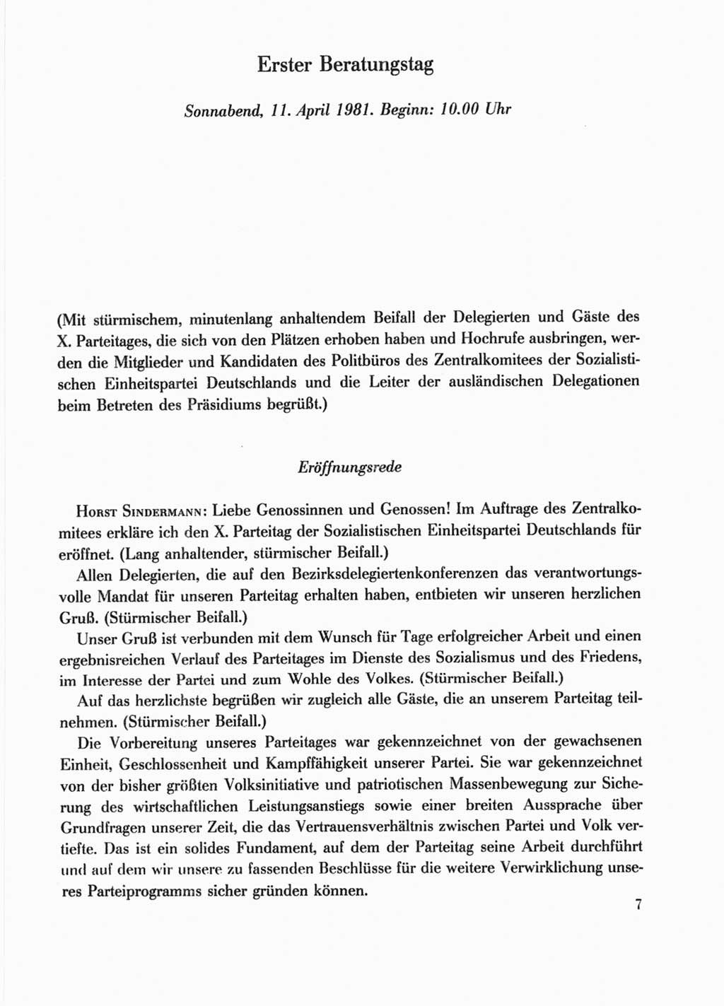 Protokoll der Verhandlungen des Ⅹ. Parteitages der Sozialistischen Einheitspartei Deutschlands (SED) [Deutsche Demokratische Republik (DDR)] 1981, Band 1, Seite 7 (Prot. Verh. Ⅹ. PT SED DDR 1981, Bd. 1, S. 7)