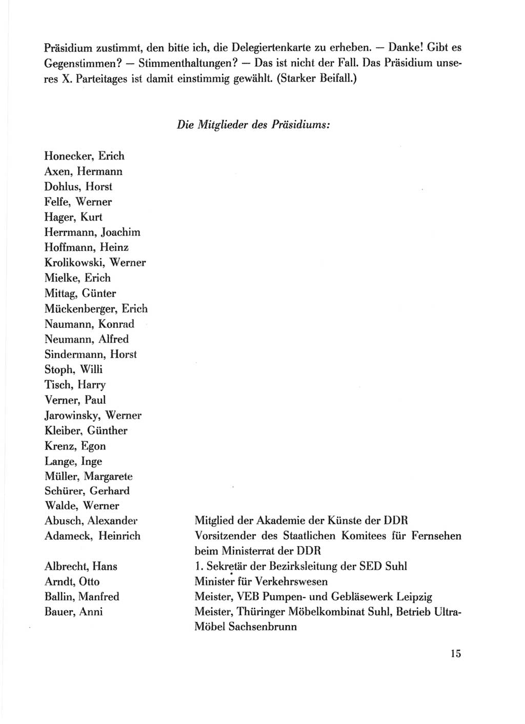 Protokoll der Verhandlungen des Ⅹ. Parteitages der Sozialistischen Einheitspartei Deutschlands (SED) [Deutsche Demokratische Republik (DDR)] 1981, Band 1, Seite 15 (Prot. Verh. Ⅹ. PT SED DDR 1981, Bd. 1, S. 15)