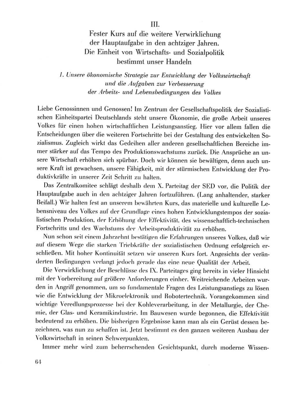 Protokoll der Verhandlungen des Ⅹ. Parteitages der Sozialistischen Einheitspartei Deutschlands (SED) [Deutsche Demokratische Republik (DDR)] 1981, Band 1, Seite 64 (Prot. Verh. Ⅹ. PT SED DDR 1981, Bd. 1, S. 64)