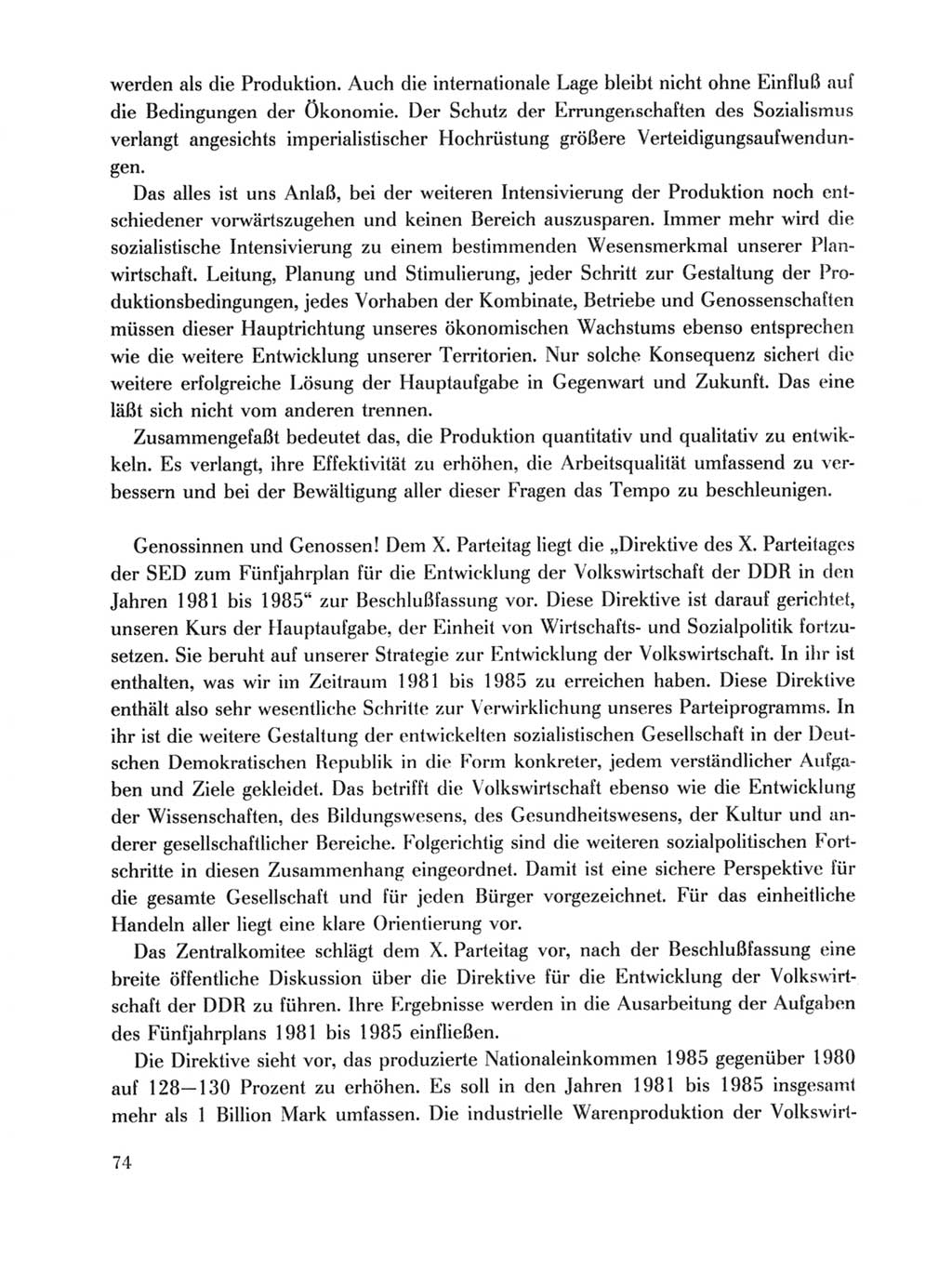 Protokoll der Verhandlungen des Ⅹ. Parteitages der Sozialistischen Einheitspartei Deutschlands (SED) [Deutsche Demokratische Republik (DDR)] 1981, Band 1, Seite 74 (Prot. Verh. Ⅹ. PT SED DDR 1981, Bd. 1, S. 74)