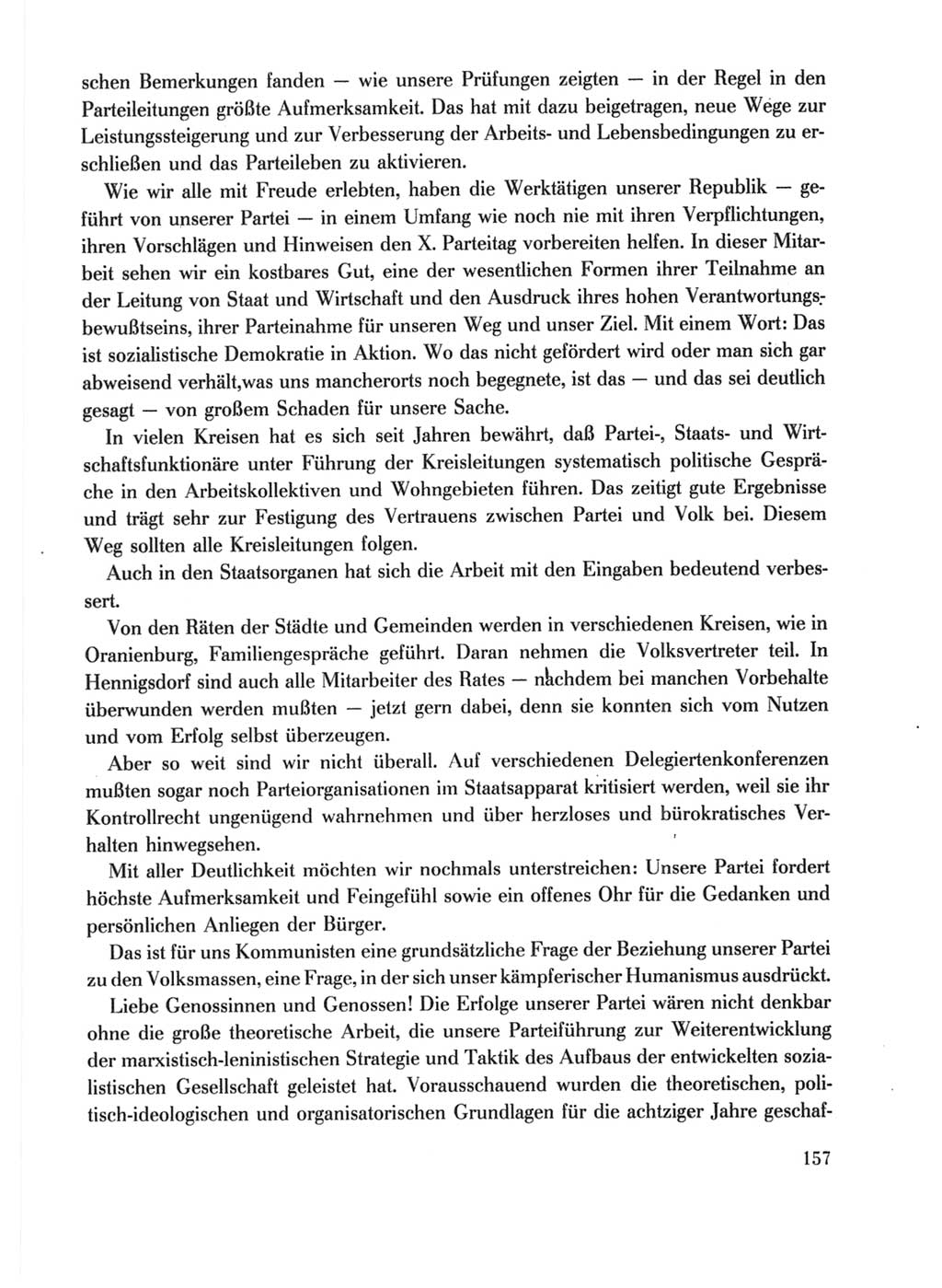 Protokoll der Verhandlungen des Ⅹ. Parteitages der Sozialistischen Einheitspartei Deutschlands (SED) [Deutsche Demokratische Republik (DDR)] 1981, Band 1, Seite 157 (Prot. Verh. Ⅹ. PT SED DDR 1981, Bd. 1, S. 157)