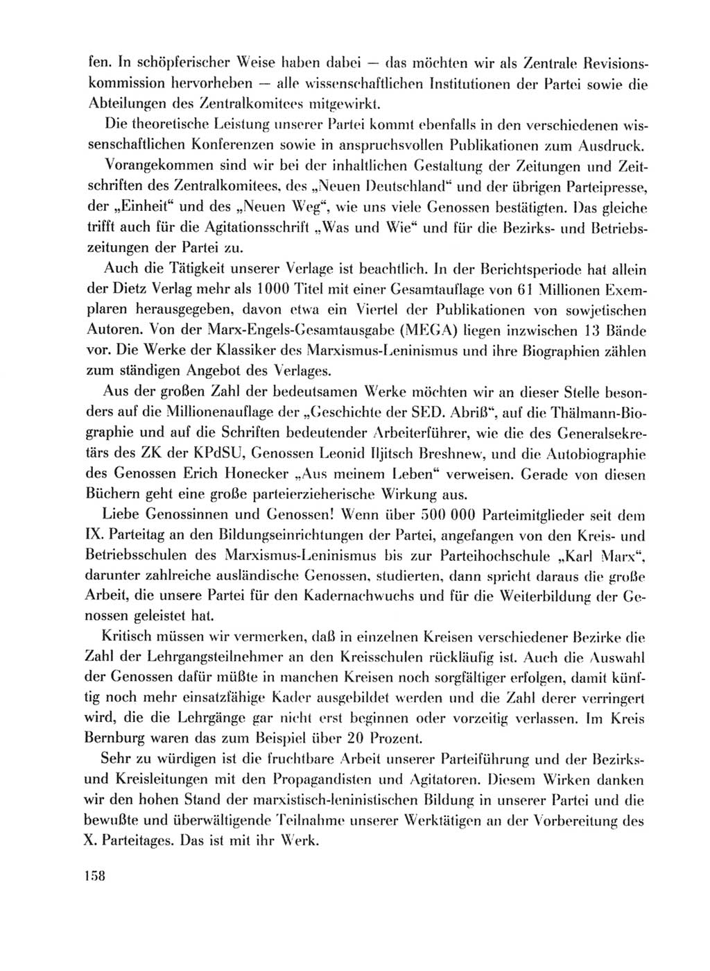 Protokoll der Verhandlungen des Ⅹ. Parteitages der Sozialistischen Einheitspartei Deutschlands (SED) [Deutsche Demokratische Republik (DDR)] 1981, Band 1, Seite 158 (Prot. Verh. Ⅹ. PT SED DDR 1981, Bd. 1, S. 158)