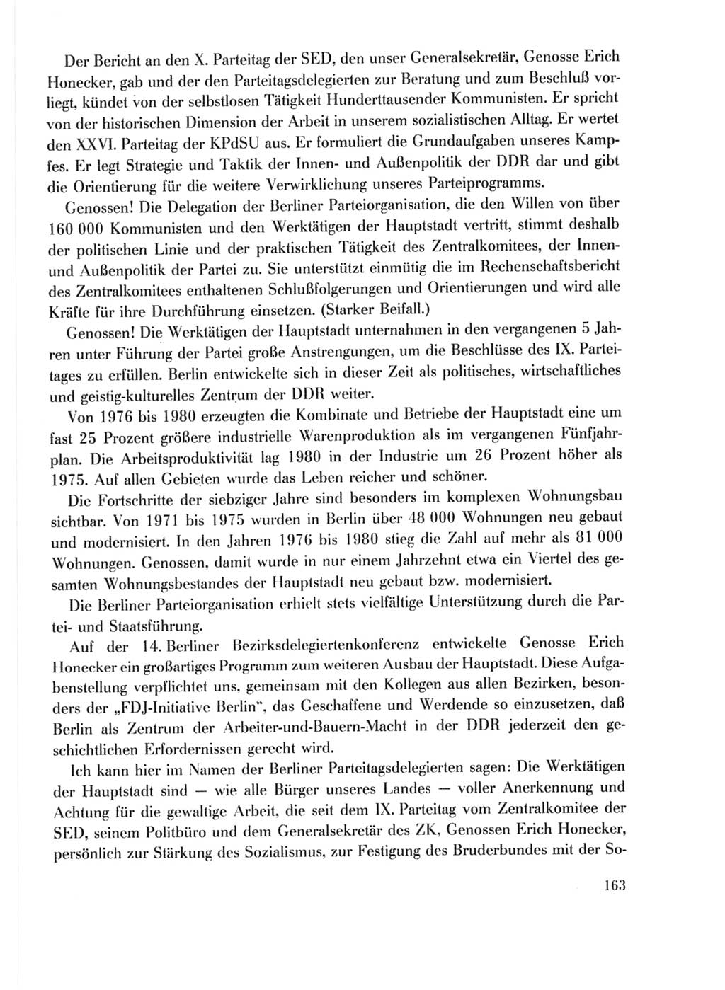 Protokoll der Verhandlungen des Ⅹ. Parteitages der Sozialistischen Einheitspartei Deutschlands (SED) [Deutsche Demokratische Republik (DDR)] 1981, Band 1, Seite 163 (Prot. Verh. Ⅹ. PT SED DDR 1981, Bd. 1, S. 163)