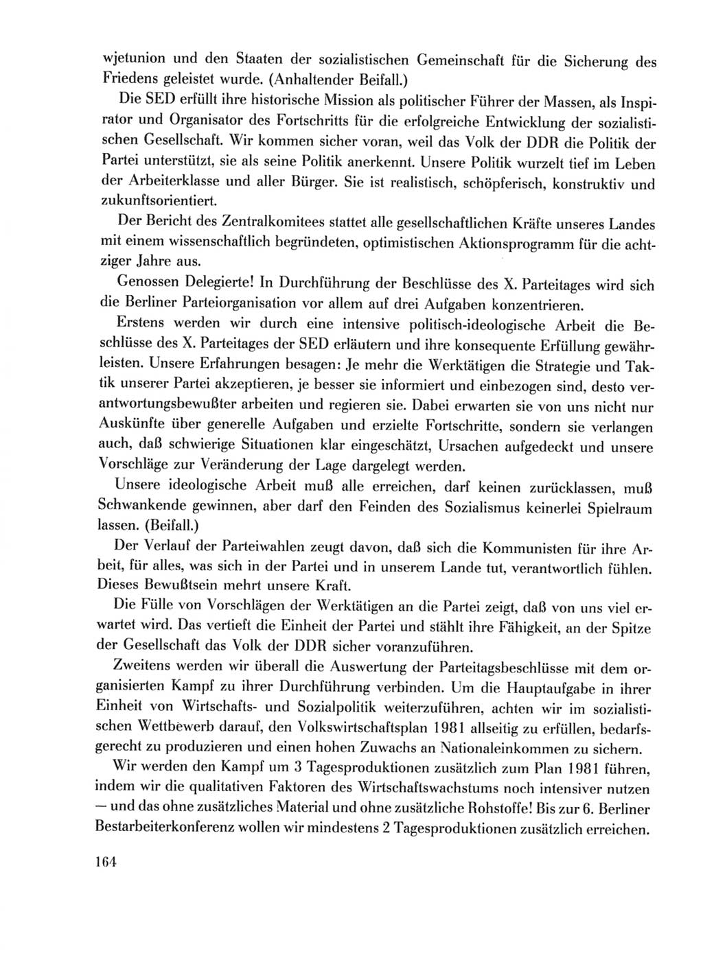 Protokoll der Verhandlungen des Ⅹ. Parteitages der Sozialistischen Einheitspartei Deutschlands (SED) [Deutsche Demokratische Republik (DDR)] 1981, Band 1, Seite 164 (Prot. Verh. Ⅹ. PT SED DDR 1981, Bd. 1, S. 164)