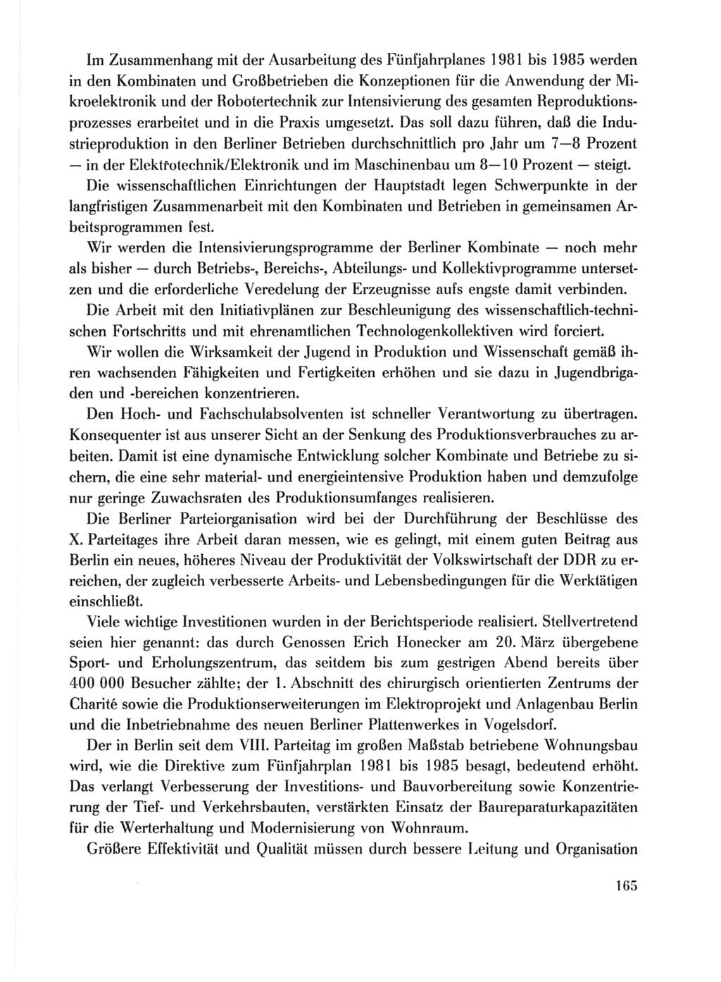 Protokoll der Verhandlungen des Ⅹ. Parteitages der Sozialistischen Einheitspartei Deutschlands (SED) [Deutsche Demokratische Republik (DDR)] 1981, Band 1, Seite 165 (Prot. Verh. Ⅹ. PT SED DDR 1981, Bd. 1, S. 165)