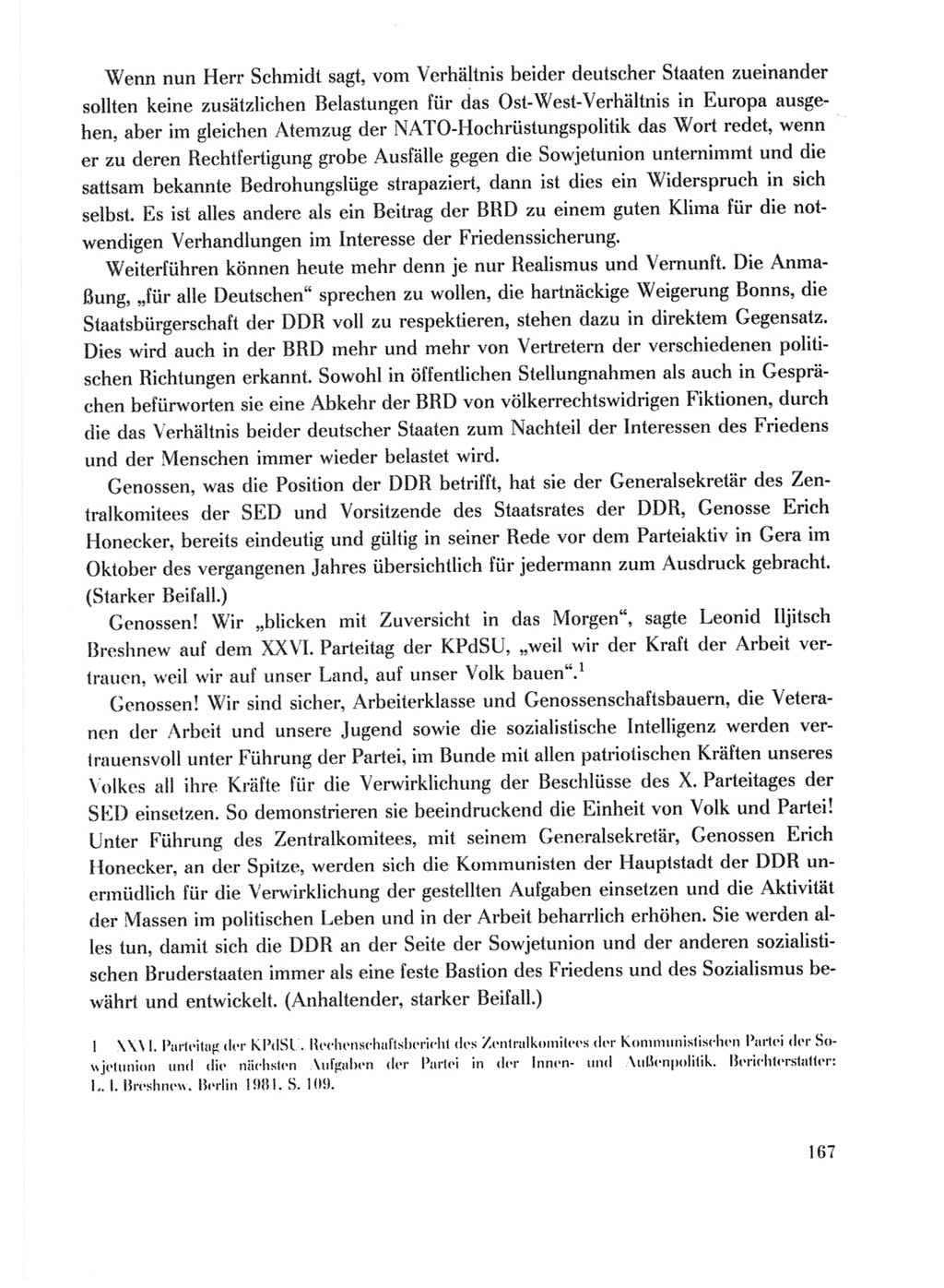 Protokoll der Verhandlungen des Ⅹ. Parteitages der Sozialistischen Einheitspartei Deutschlands (SED) [Deutsche Demokratische Republik (DDR)] 1981, Band 1, Seite 167 (Prot. Verh. Ⅹ. PT SED DDR 1981, Bd. 1, S. 167)
