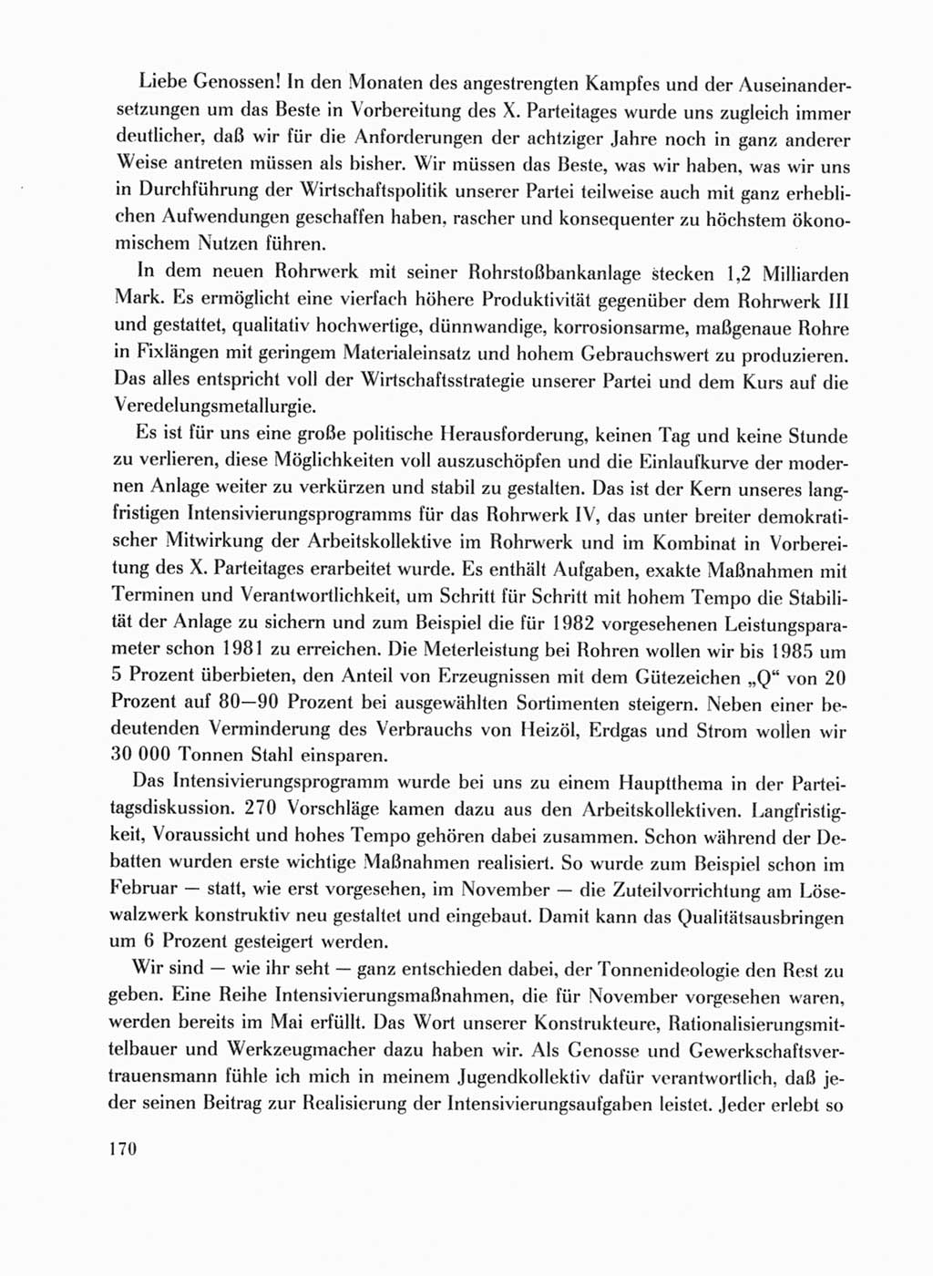 Protokoll der Verhandlungen des Ⅹ. Parteitages der Sozialistischen Einheitspartei Deutschlands (SED) [Deutsche Demokratische Republik (DDR)] 1981, Band 1, Seite 170 (Prot. Verh. Ⅹ. PT SED DDR 1981, Bd. 1, S. 170)