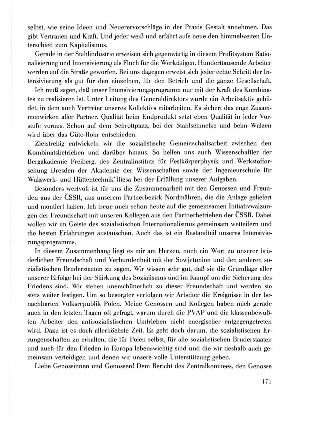 Protokoll der Verhandlungen des Ⅹ. Parteitages der Sozialistischen Einheitspartei Deutschlands (SED) [Deutsche Demokratische Republik (DDR)] 1981, Band 1, Seite 171 (Prot. Verh. Ⅹ. PT SED DDR 1981, Bd. 1, S. 171)