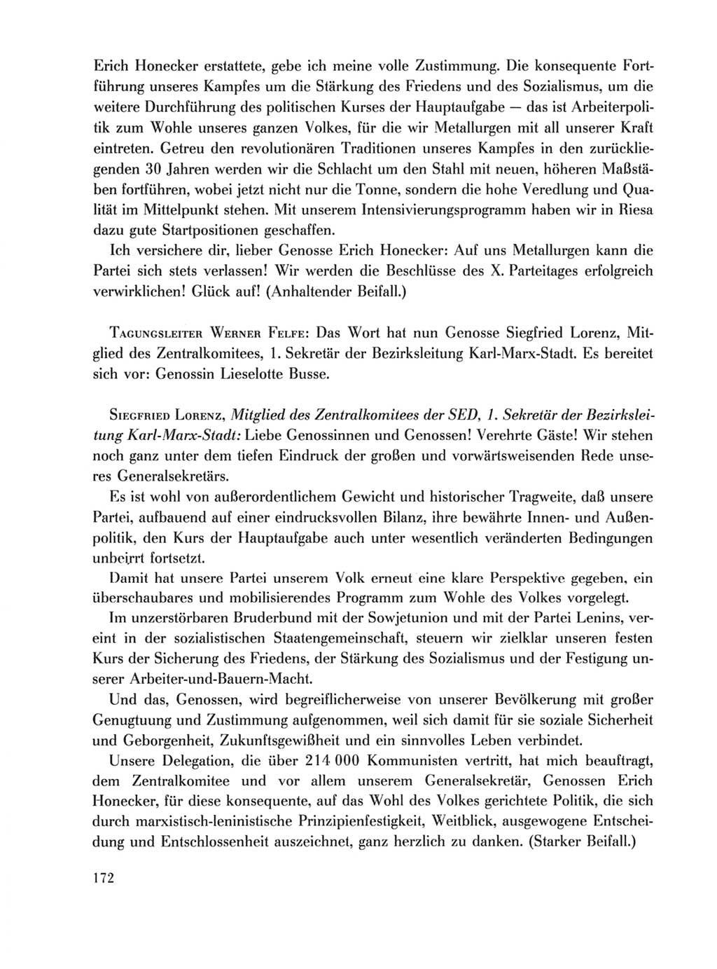 Protokoll der Verhandlungen des Ⅹ. Parteitages der Sozialistischen Einheitspartei Deutschlands (SED) [Deutsche Demokratische Republik (DDR)] 1981, Band 1, Seite 172 (Prot. Verh. Ⅹ. PT SED DDR 1981, Bd. 1, S. 172)