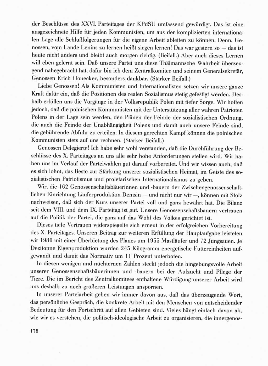Protokoll der Verhandlungen des Ⅹ. Parteitages der Sozialistischen Einheitspartei Deutschlands (SED) [Deutsche Demokratische Republik (DDR)] 1981, Band 1, Seite 178 (Prot. Verh. Ⅹ. PT SED DDR 1981, Bd. 1, S. 178)