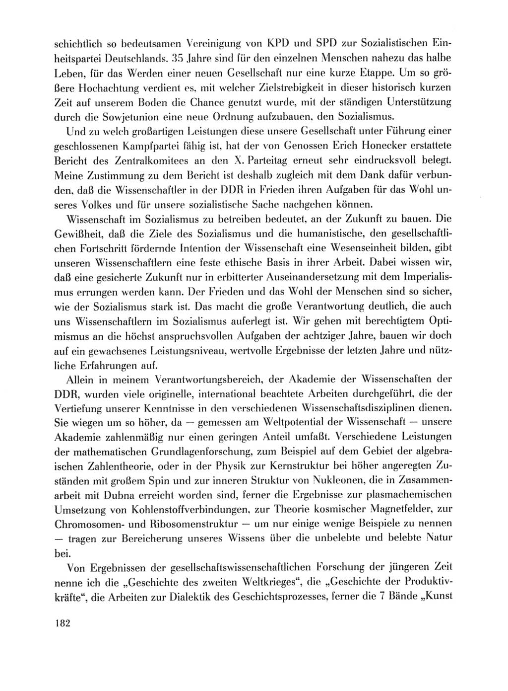 Protokoll der Verhandlungen des Ⅹ. Parteitages der Sozialistischen Einheitspartei Deutschlands (SED) [Deutsche Demokratische Republik (DDR)] 1981, Band 1, Seite 182 (Prot. Verh. Ⅹ. PT SED DDR 1981, Bd. 1, S. 182)