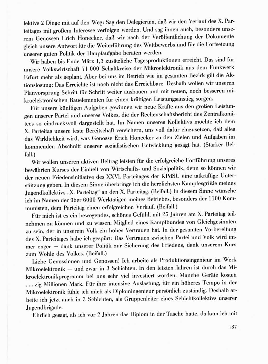 Protokoll der Verhandlungen des Ⅹ. Parteitages der Sozialistischen Einheitspartei Deutschlands (SED) [Deutsche Demokratische Republik (DDR)] 1981, Band 1, Seite 187 (Prot. Verh. Ⅹ. PT SED DDR 1981, Bd. 1, S. 187)