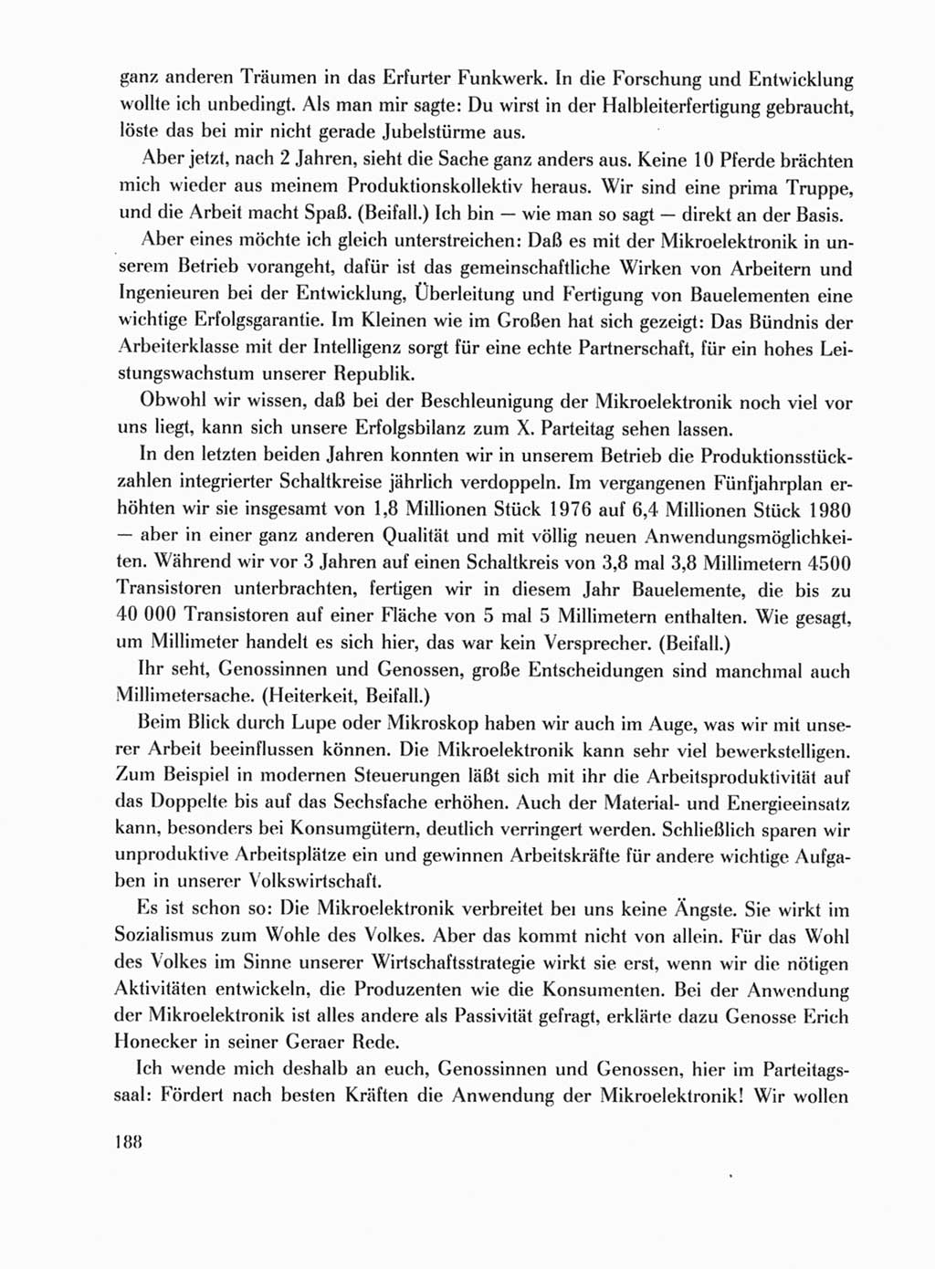 Protokoll der Verhandlungen des Ⅹ. Parteitages der Sozialistischen Einheitspartei Deutschlands (SED) [Deutsche Demokratische Republik (DDR)] 1981, Band 1, Seite 188 (Prot. Verh. Ⅹ. PT SED DDR 1981, Bd. 1, S. 188)