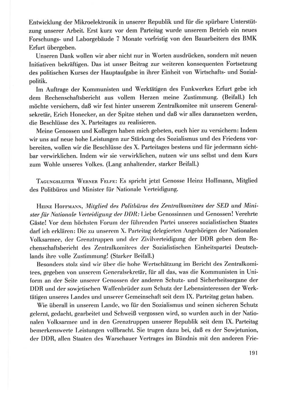 Protokoll der Verhandlungen des Ⅹ. Parteitages der Sozialistischen Einheitspartei Deutschlands (SED) [Deutsche Demokratische Republik (DDR)] 1981, Band 1, Seite 191 (Prot. Verh. Ⅹ. PT SED DDR 1981, Bd. 1, S. 191)