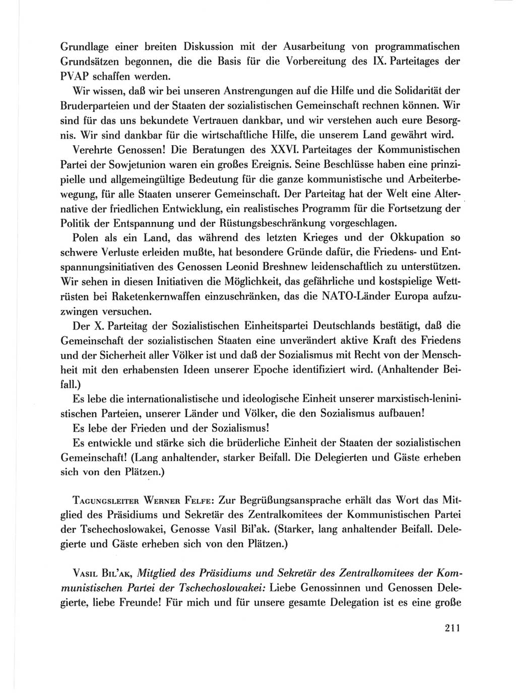 Protokoll der Verhandlungen des Ⅹ. Parteitages der Sozialistischen Einheitspartei Deutschlands (SED) [Deutsche Demokratische Republik (DDR)] 1981, Band 1, Seite 211 (Prot. Verh. Ⅹ. PT SED DDR 1981, Bd. 1, S. 211)