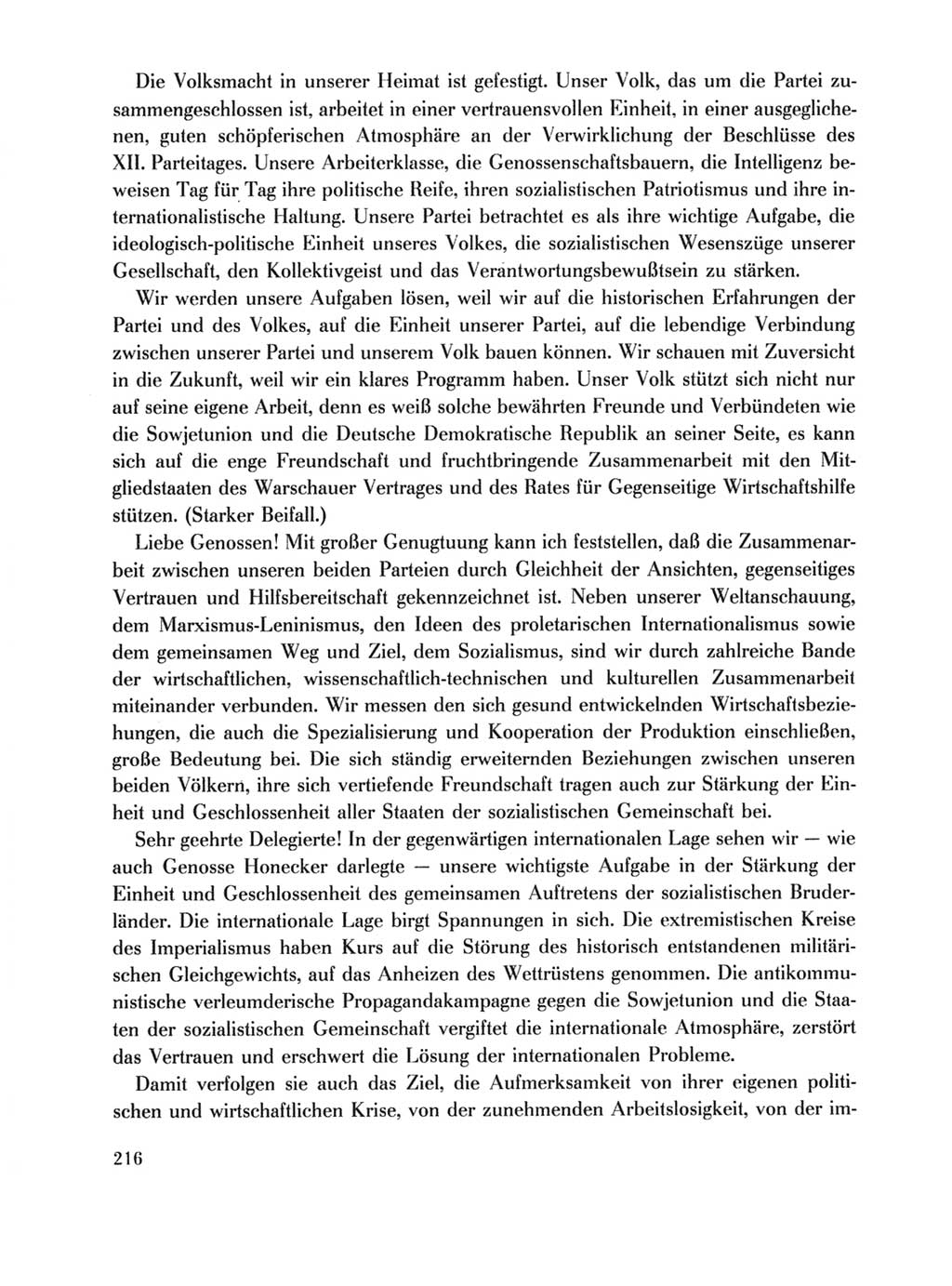 Protokoll der Verhandlungen des Ⅹ. Parteitages der Sozialistischen Einheitspartei Deutschlands (SED) [Deutsche Demokratische Republik (DDR)] 1981, Band 1, Seite 216 (Prot. Verh. Ⅹ. PT SED DDR 1981, Bd. 1, S. 216)
