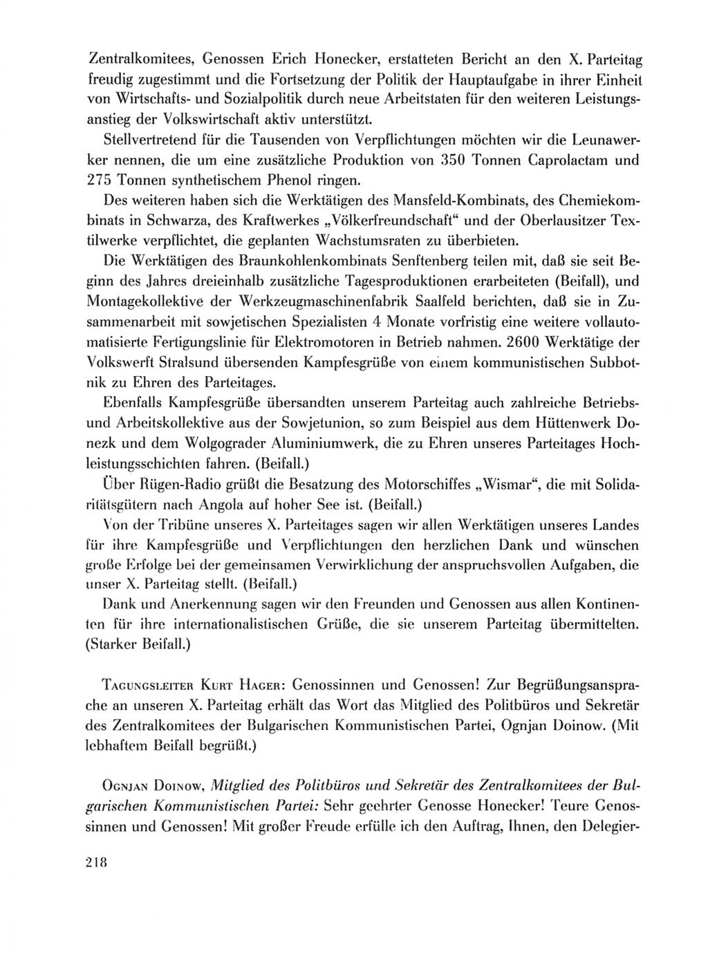 Protokoll der Verhandlungen des Ⅹ. Parteitages der Sozialistischen Einheitspartei Deutschlands (SED) [Deutsche Demokratische Republik (DDR)] 1981, Band 1, Seite 218 (Prot. Verh. Ⅹ. PT SED DDR 1981, Bd. 1, S. 218)