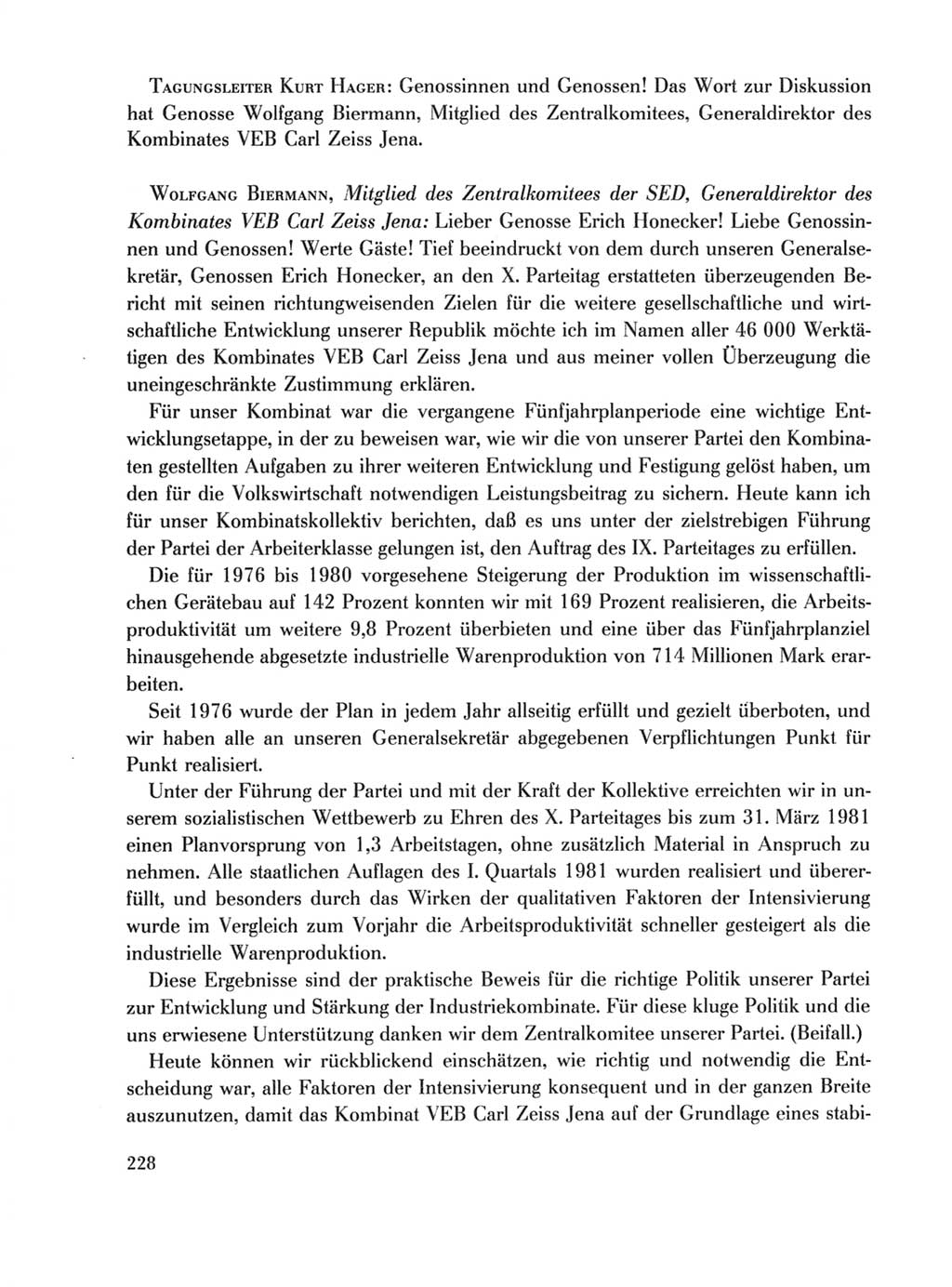 Protokoll der Verhandlungen des Ⅹ. Parteitages der Sozialistischen Einheitspartei Deutschlands (SED) [Deutsche Demokratische Republik (DDR)] 1981, Band 1, Seite 228 (Prot. Verh. Ⅹ. PT SED DDR 1981, Bd. 1, S. 228)