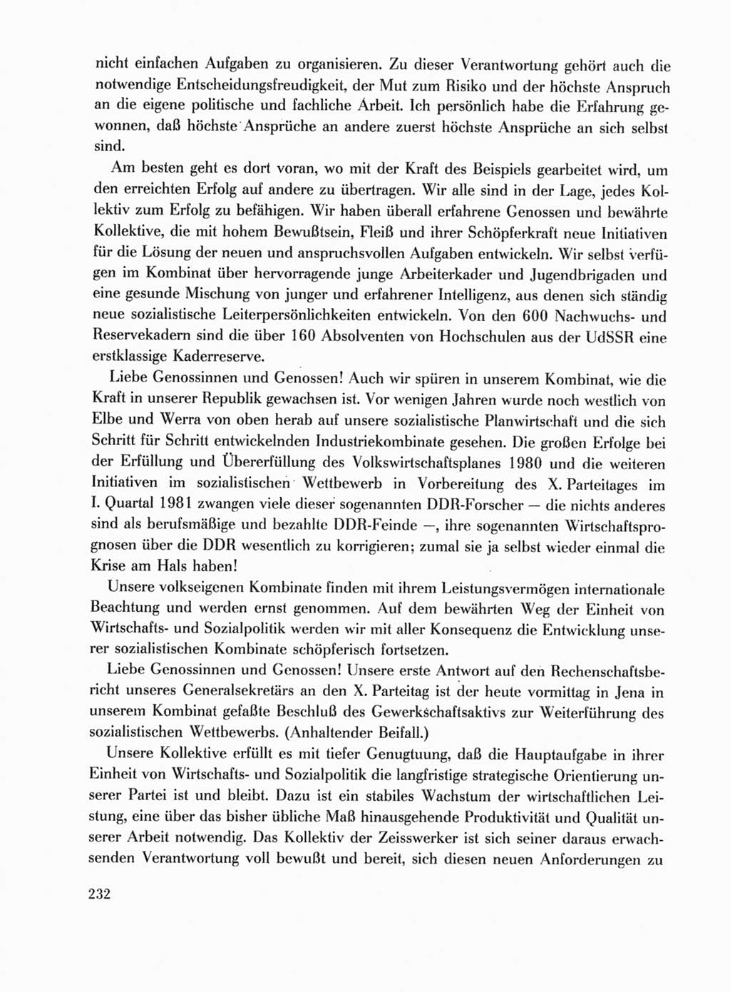 Protokoll der Verhandlungen des Ⅹ. Parteitages der Sozialistischen Einheitspartei Deutschlands (SED) [Deutsche Demokratische Republik (DDR)] 1981, Band 1, Seite 232 (Prot. Verh. Ⅹ. PT SED DDR 1981, Bd. 1, S. 232)