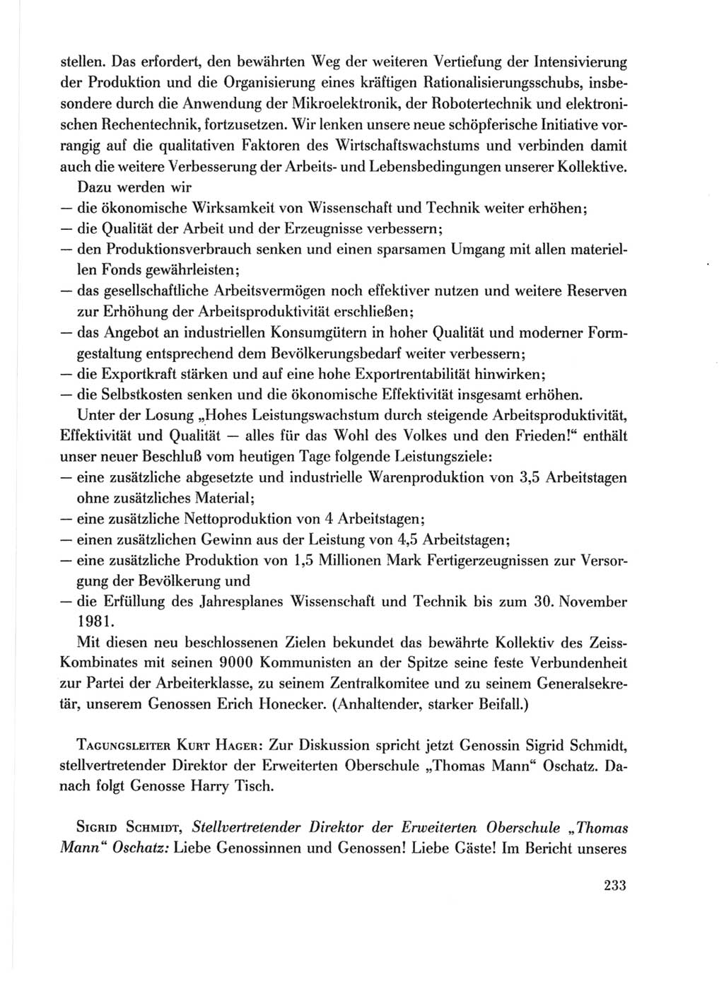 Protokoll der Verhandlungen des Ⅹ. Parteitages der Sozialistischen Einheitspartei Deutschlands (SED) [Deutsche Demokratische Republik (DDR)] 1981, Band 1, Seite 233 (Prot. Verh. Ⅹ. PT SED DDR 1981, Bd. 1, S. 233)