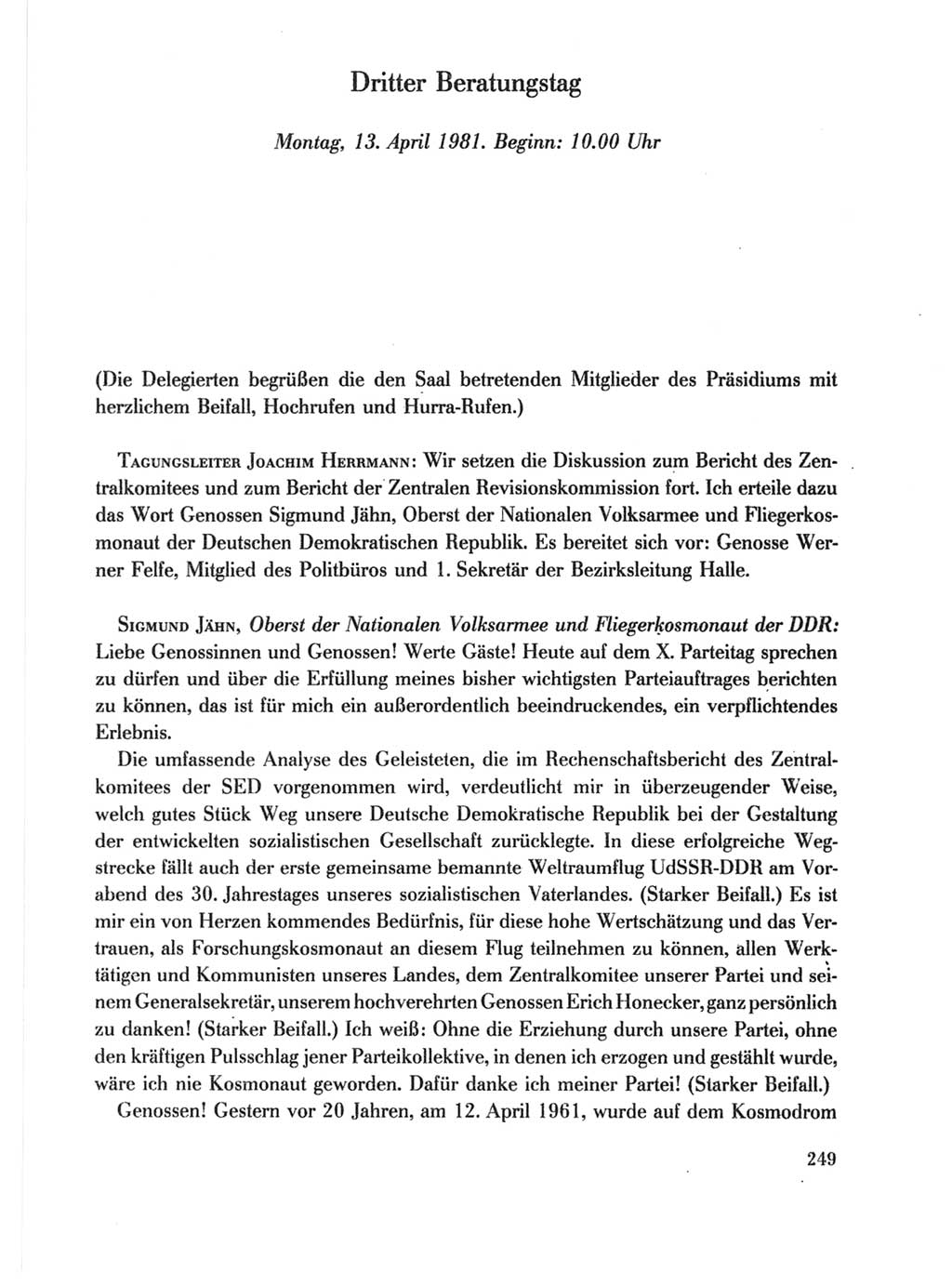 Protokoll der Verhandlungen des Ⅹ. Parteitages der Sozialistischen Einheitspartei Deutschlands (SED) [Deutsche Demokratische Republik (DDR)] 1981, Band 1, Seite 249 (Prot. Verh. Ⅹ. PT SED DDR 1981, Bd. 1, S. 249)