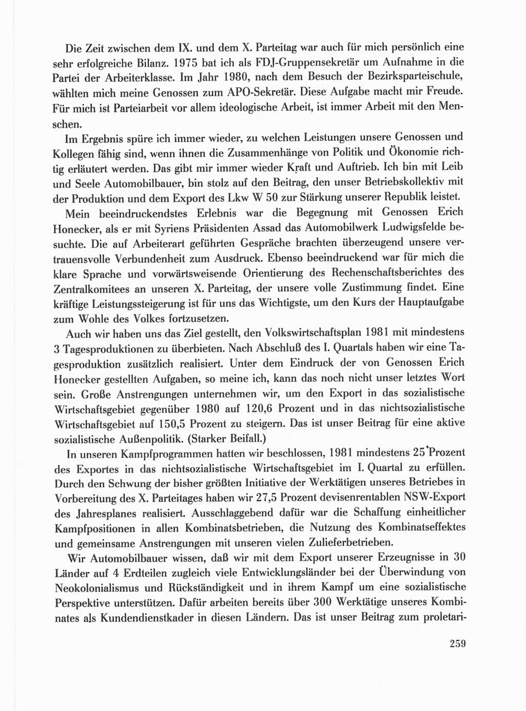 Protokoll der Verhandlungen des Ⅹ. Parteitages der Sozialistischen Einheitspartei Deutschlands (SED) [Deutsche Demokratische Republik (DDR)] 1981, Band 1, Seite 259 (Prot. Verh. Ⅹ. PT SED DDR 1981, Bd. 1, S. 259)